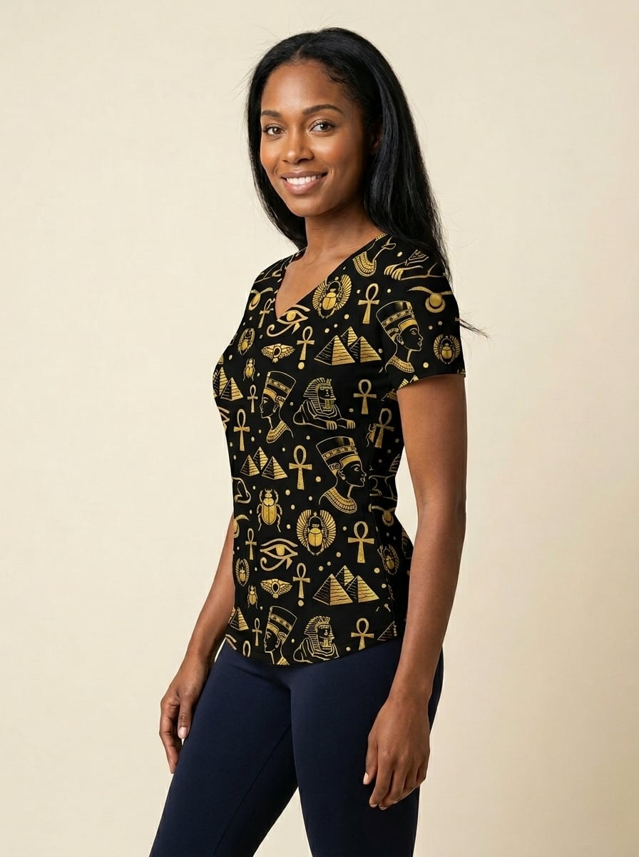 "Nefertiti" Black Gold V-Neck T-Shirt