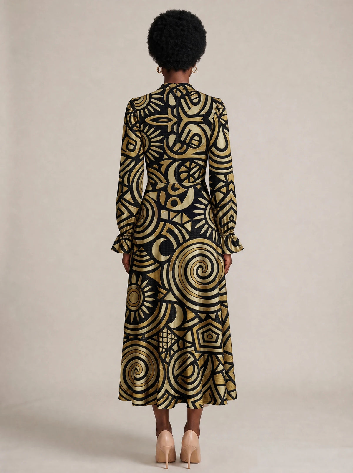 "Sahara" Long Puff Sleeve Dress — back view on model