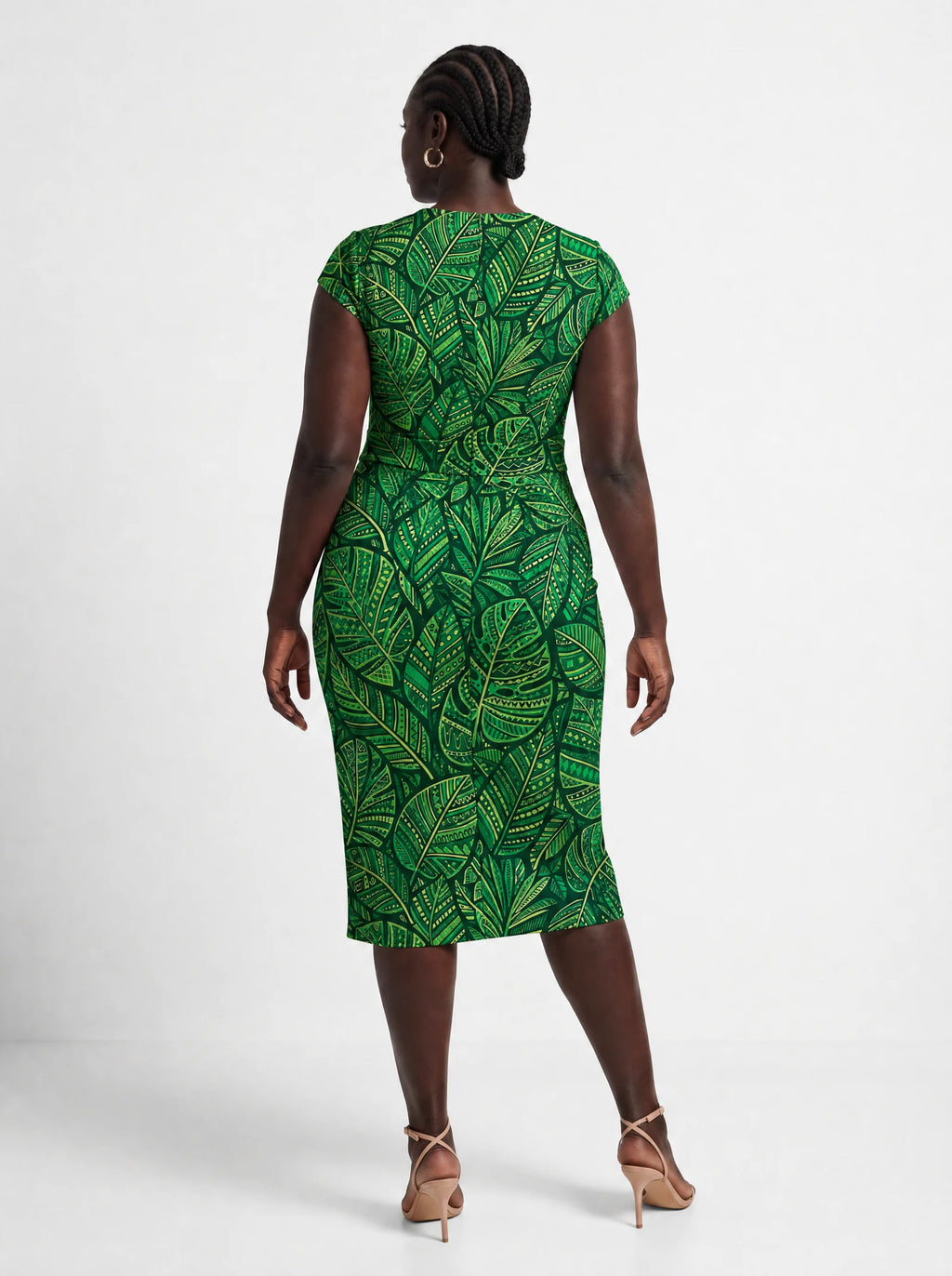 "Asili Emerald" Cap Sleeve Midi Dress — back view on model