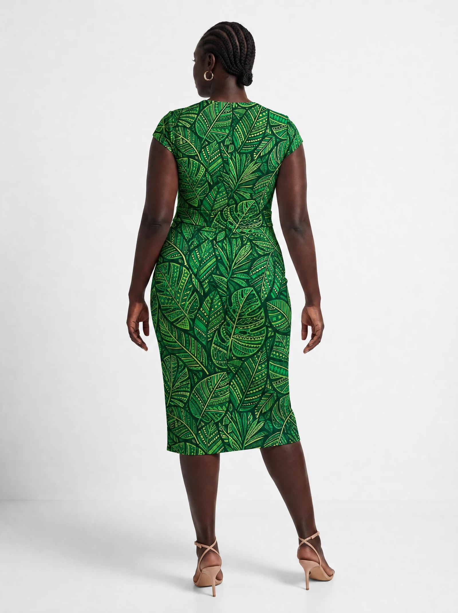 "Asili Emerald" Cap Sleeve Midi Dress — back view on model