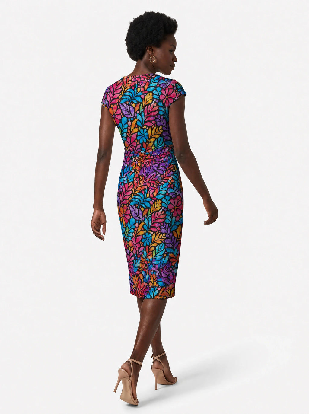 "Rangi" Cap Sleeve Midi Dress — back view on model