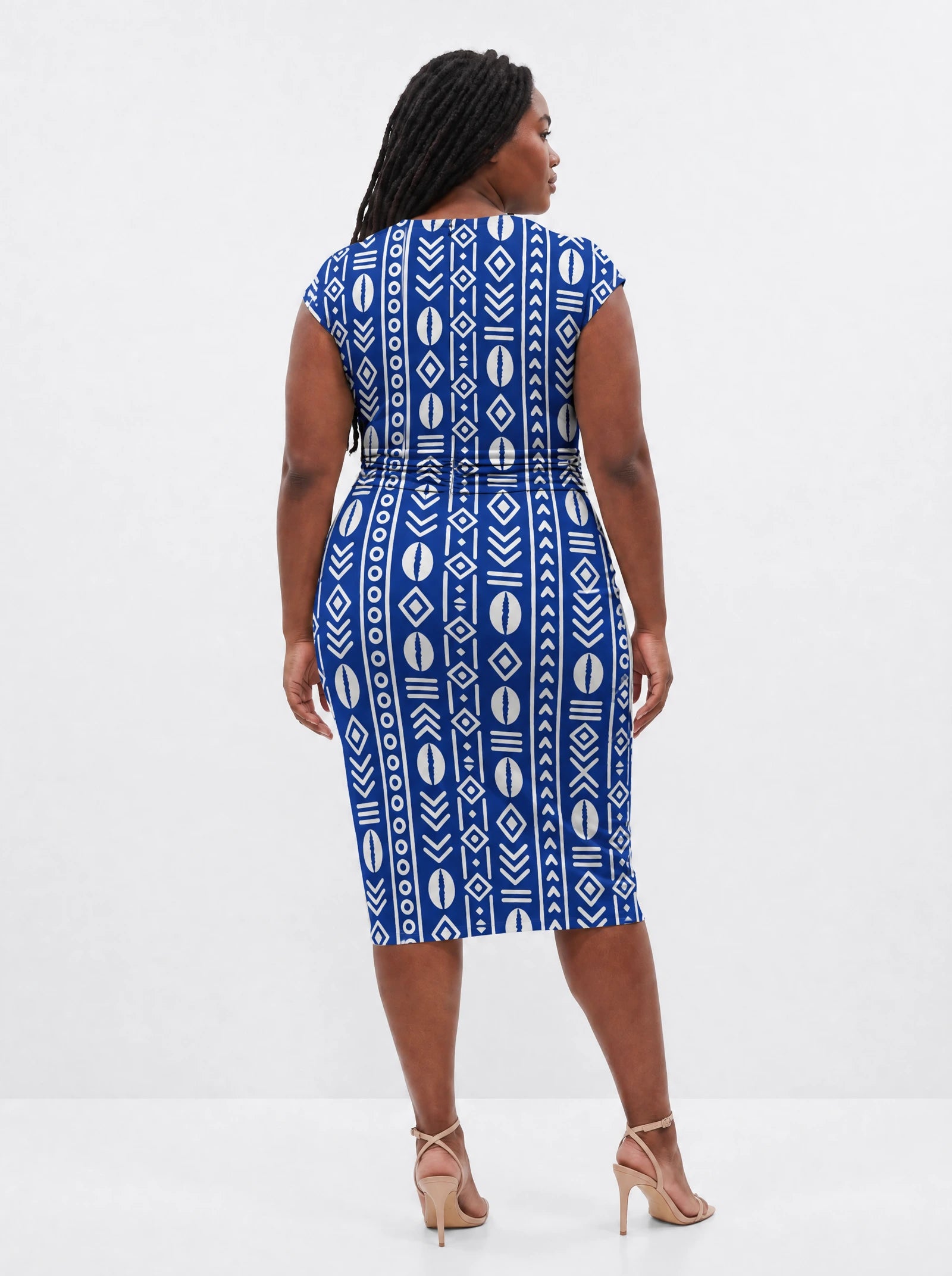 "Oshun Royal Blue" Cap Sleeve Midi Dress — back view on model