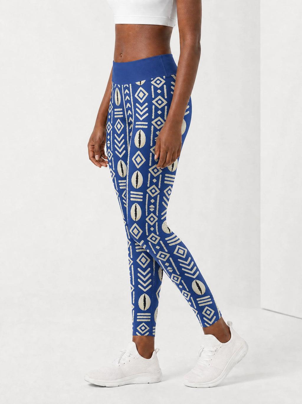 "Oshun" Royal Blue Leggings — side view on model