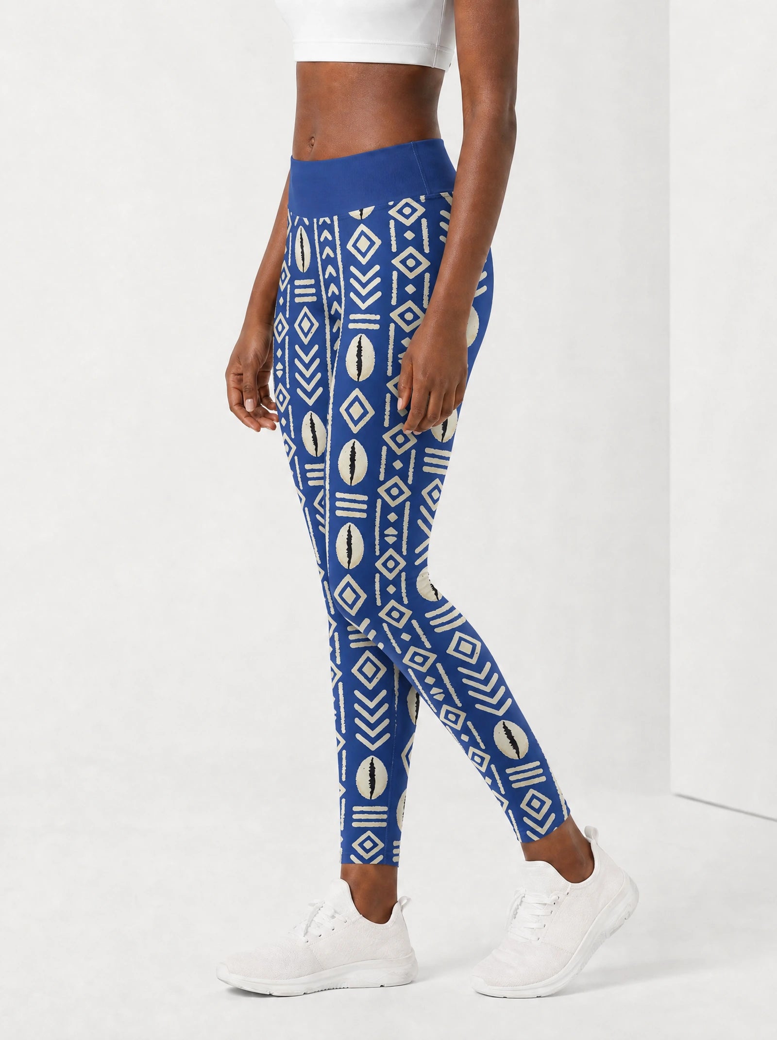 "Oshun" Royal Blue Leggings — side view on model