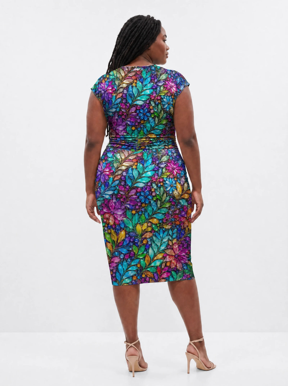 "Upinde" Cap Sleeve Midi Dress — back view on model