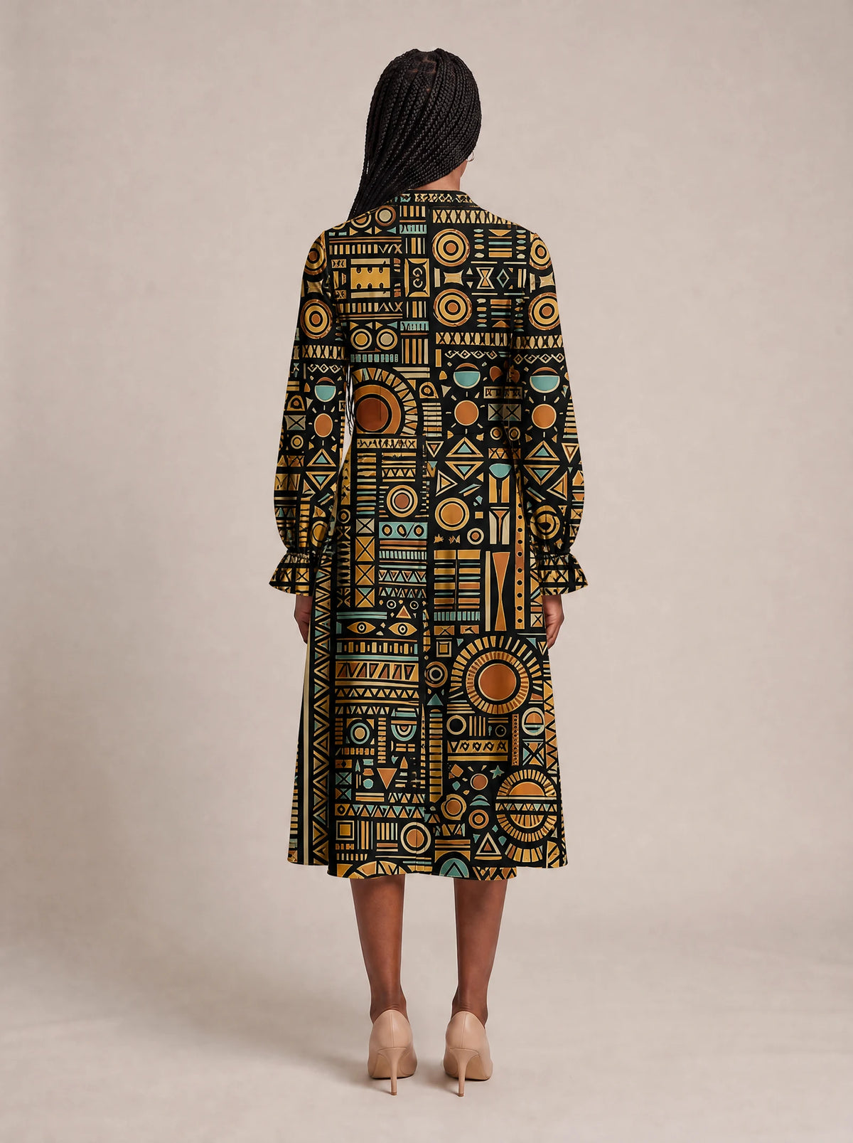 "Afrocentric Pattern" Long Puff Sleeve Dress — back view on model