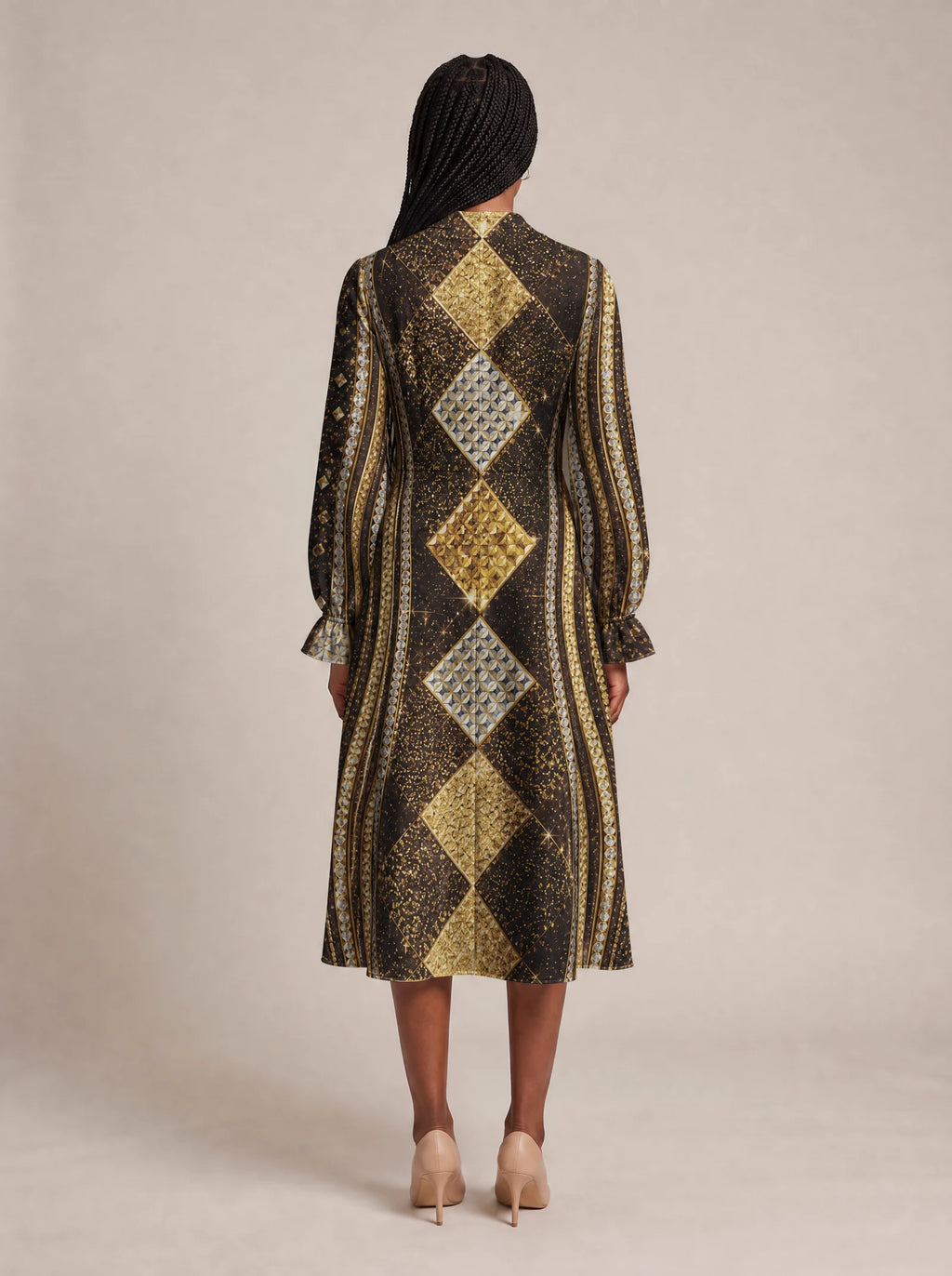 "Fataki" Long Puff Sleeve Dress — back view on model