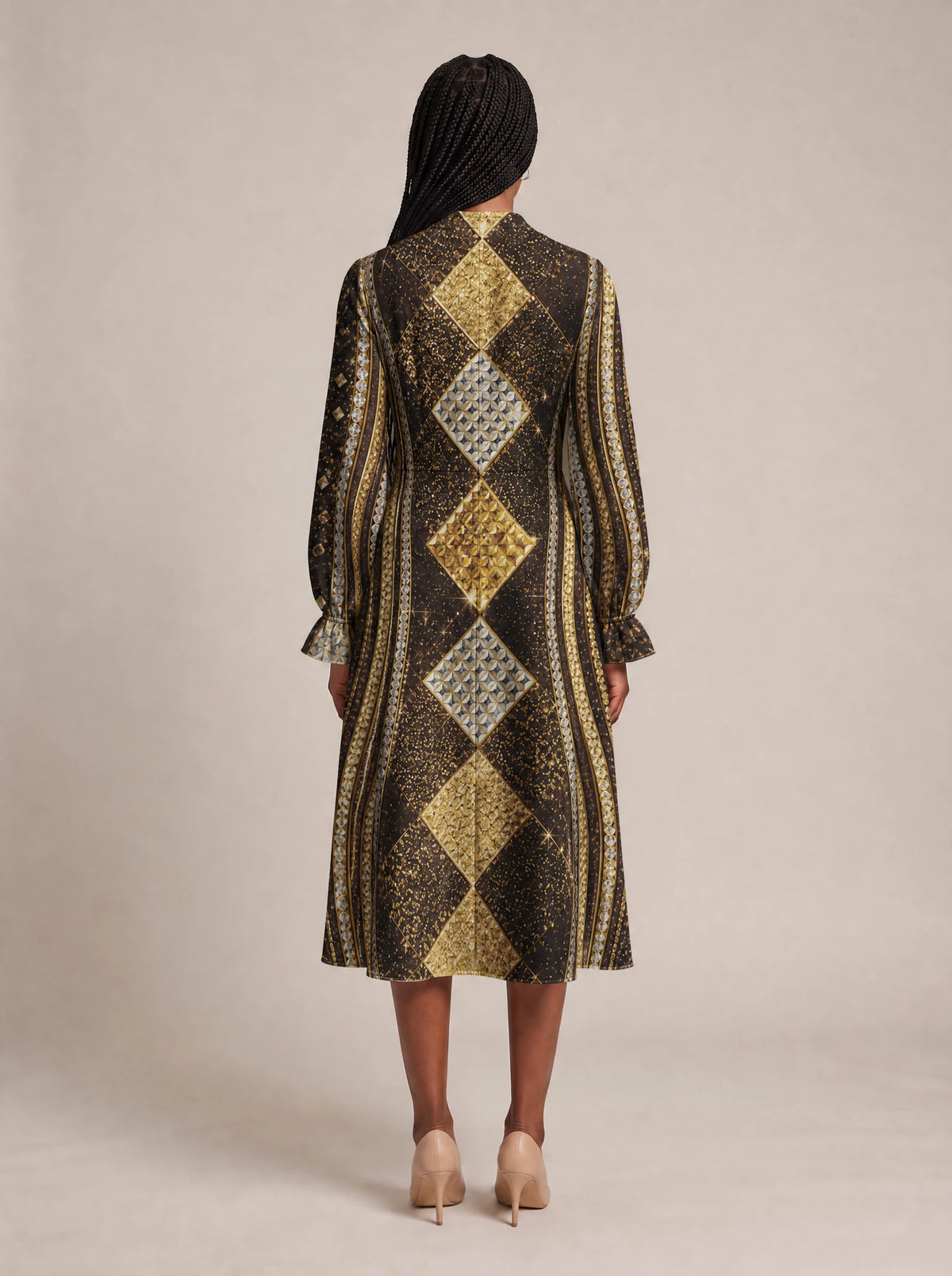 "Fataki" Long Puff Sleeve Dress — back view on model