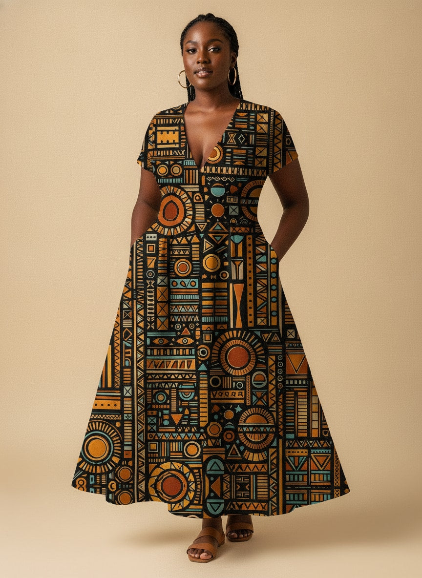 Afrocentric Pattern Short Sleeve Maxi Dress
