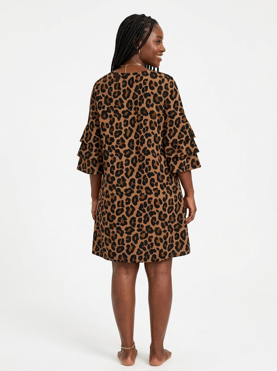 "Unstoppable" Brown Leopard Stacked Ruffle Sleeve Dress