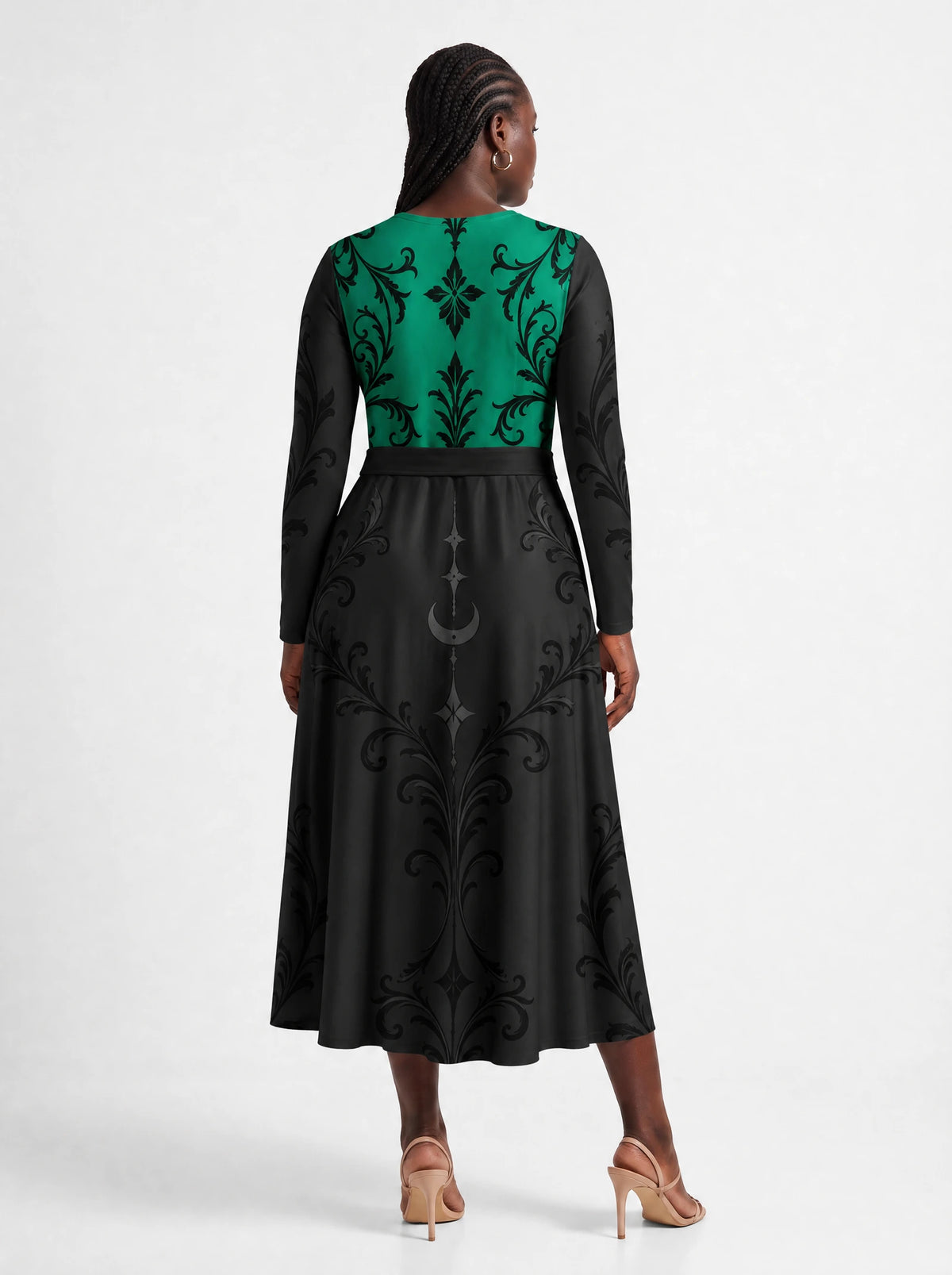 "Green Witch" Long Sleeve Midaxi Dress — back view on model