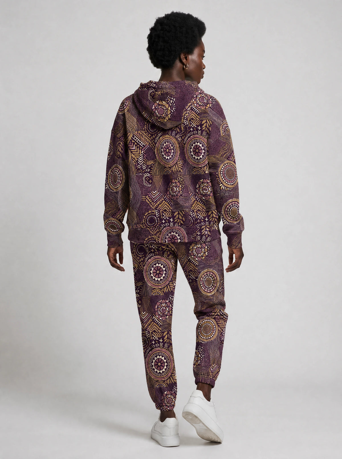 "Kitanzi" Plum Gold Hoodie & Jogger Set — back view on model
