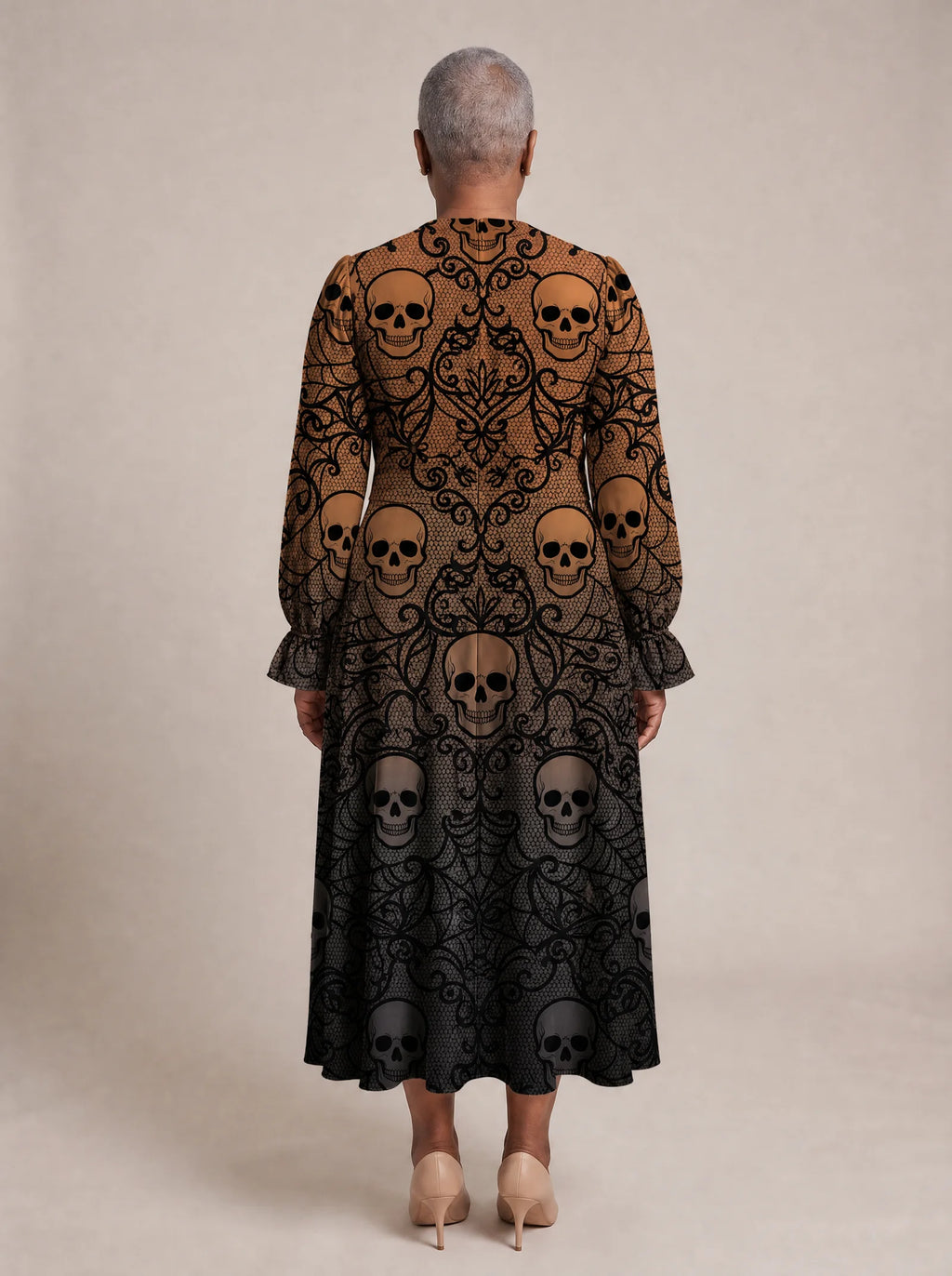 "Fuvu" Halloween Long Puff Sleeve Dress — back view on model