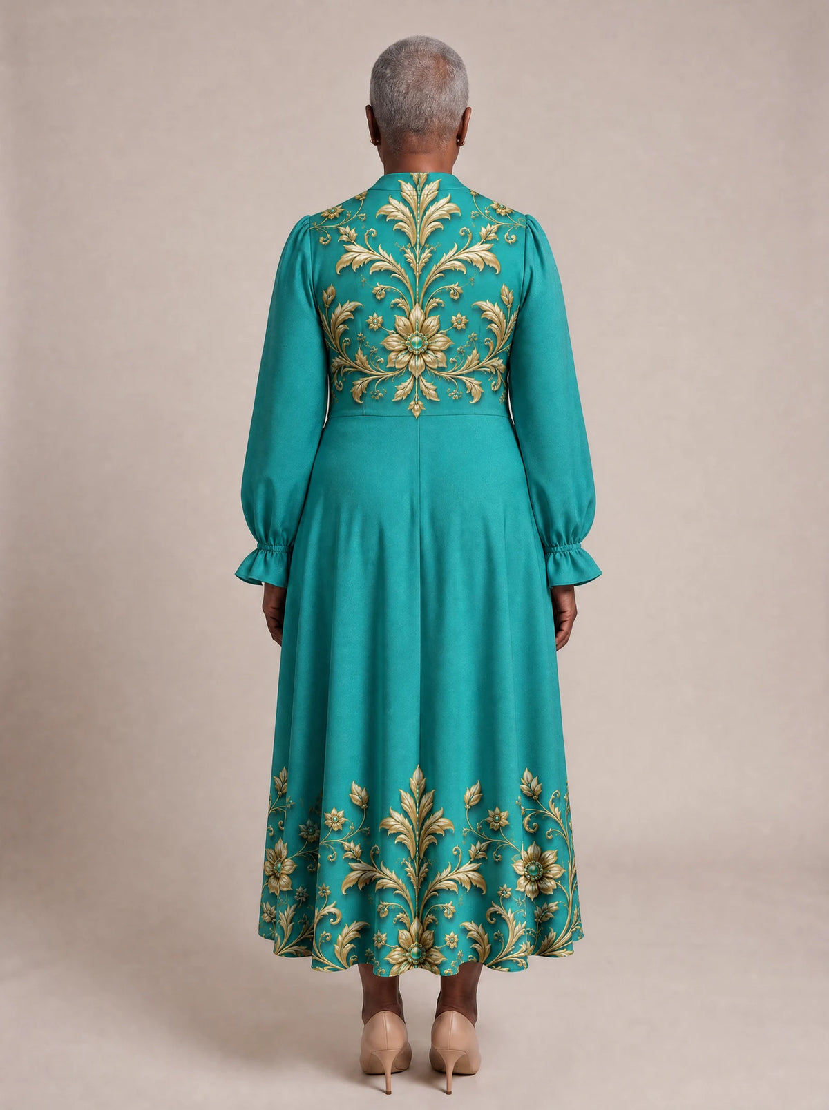 "Heshima" Long Puff Sleeve Dress — back view on model