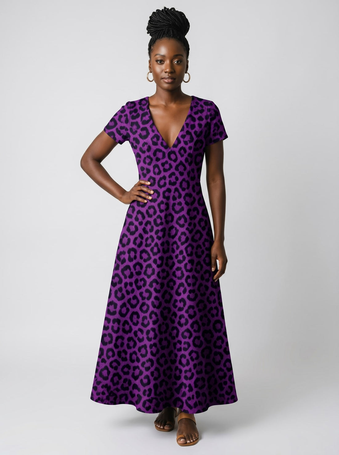 Purple Leopard Short Sleeve Maxi Dress