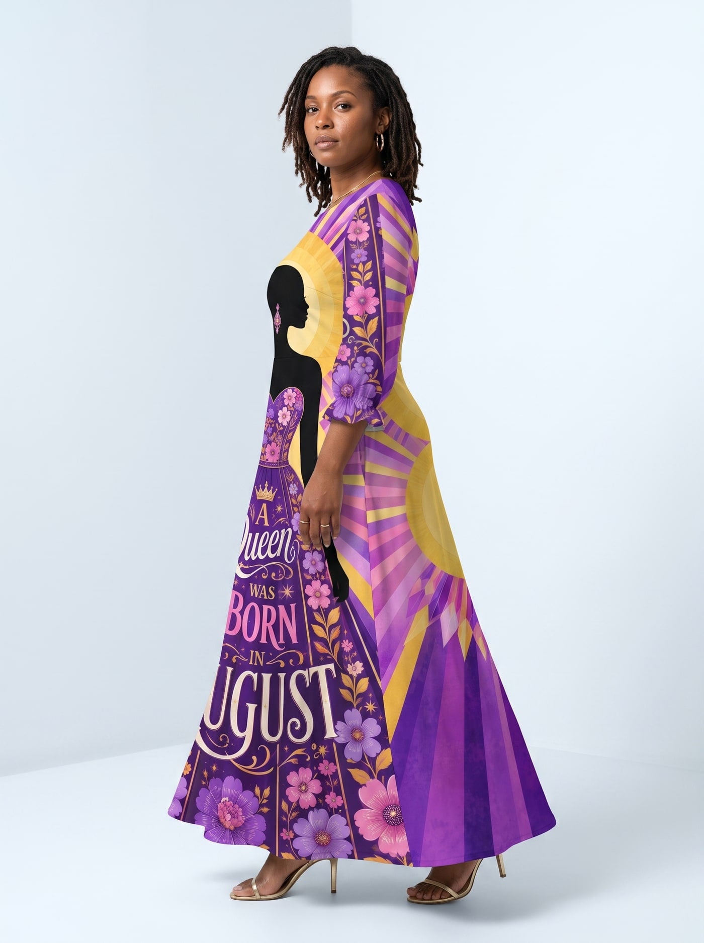 "August Queen Purple Bloom" Long Sleeve Maxi Dress