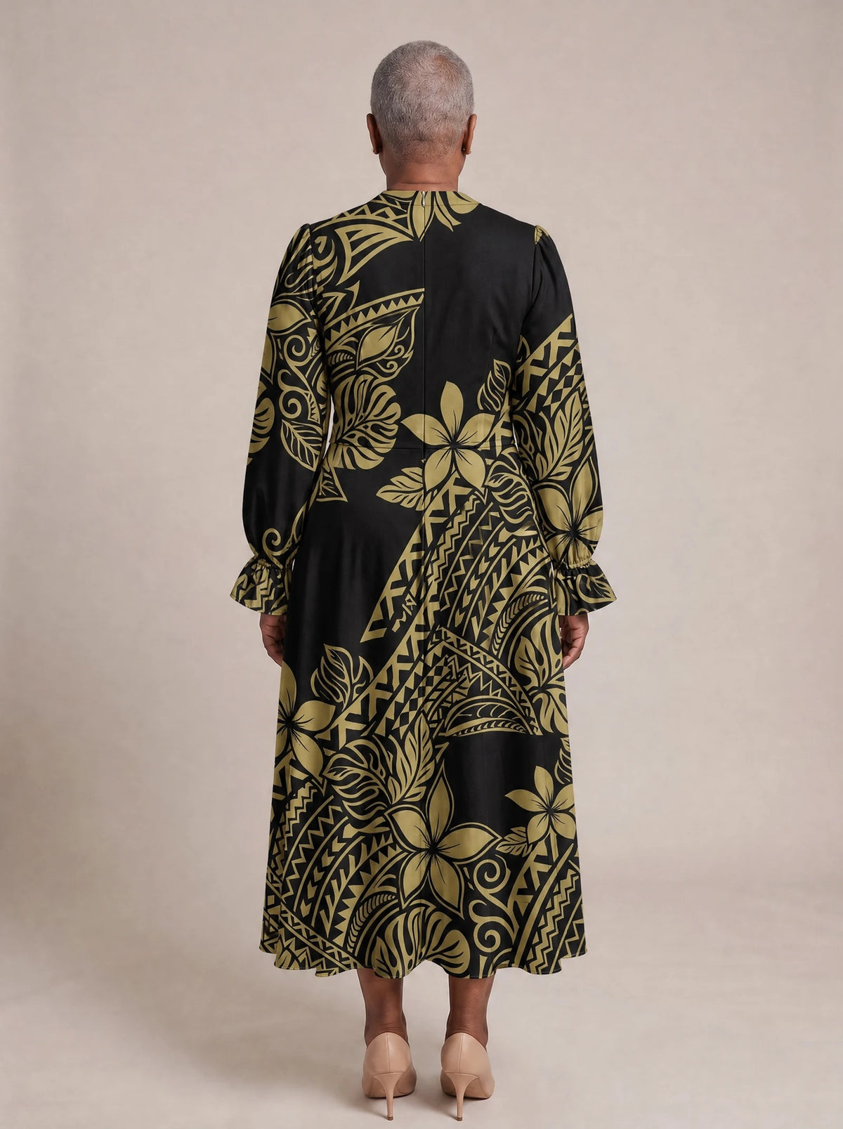 "Pualani" Long Puff Sleeve Dress — back view on model