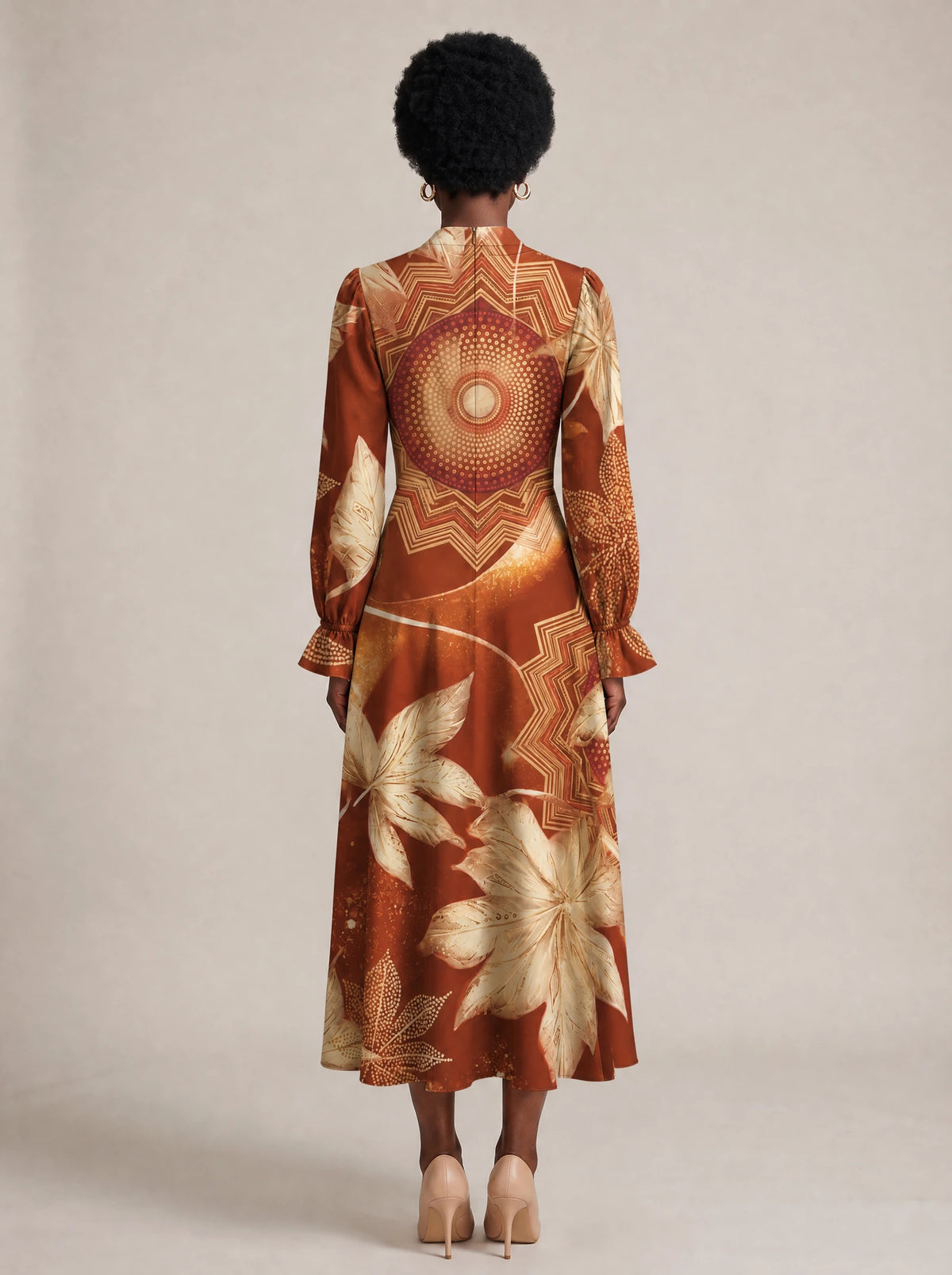 "Joto" Long Puff Sleeve Dress — back view on model