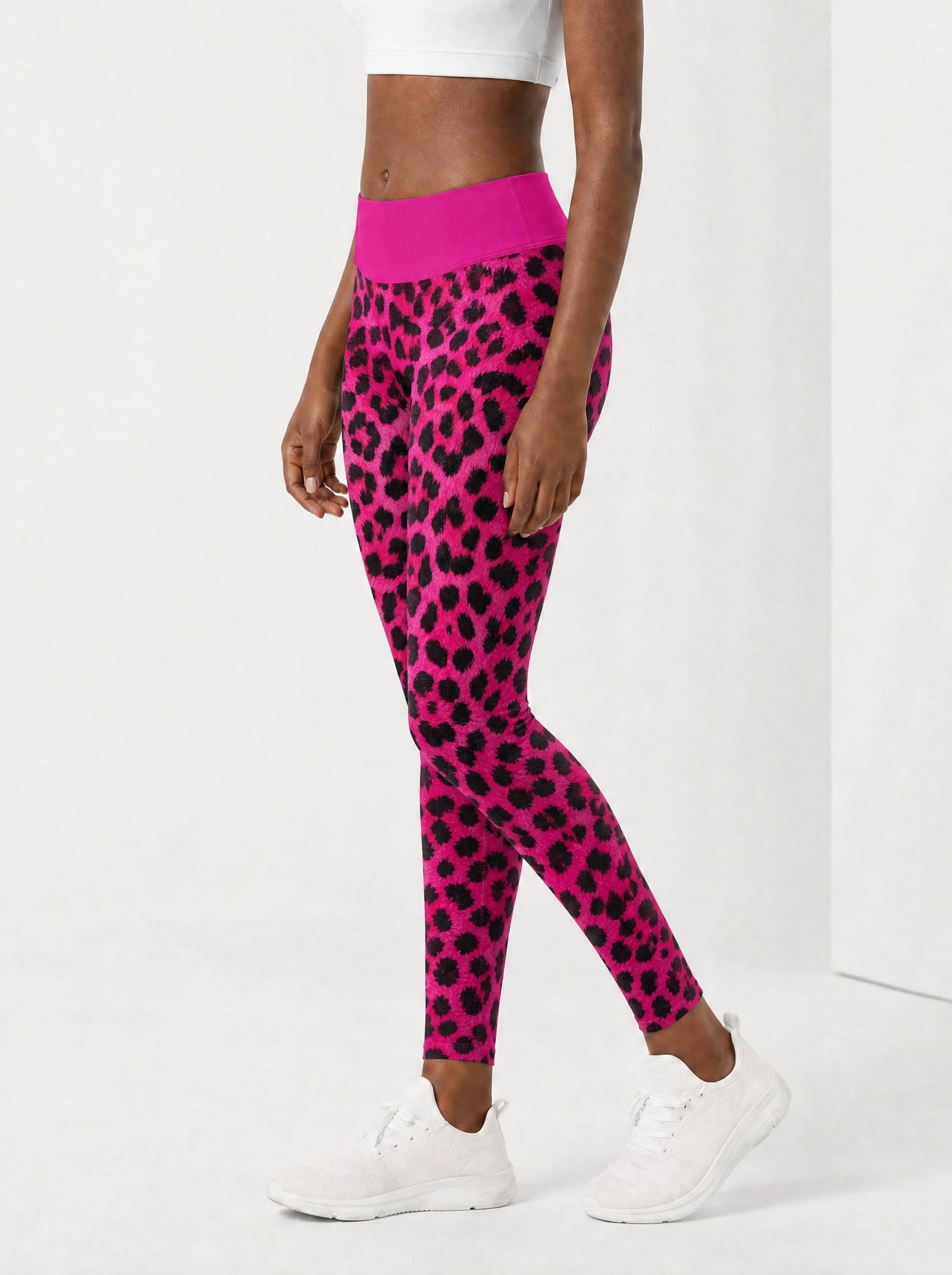 "Unstoppable" Pink Leopard Leggings — side view on model