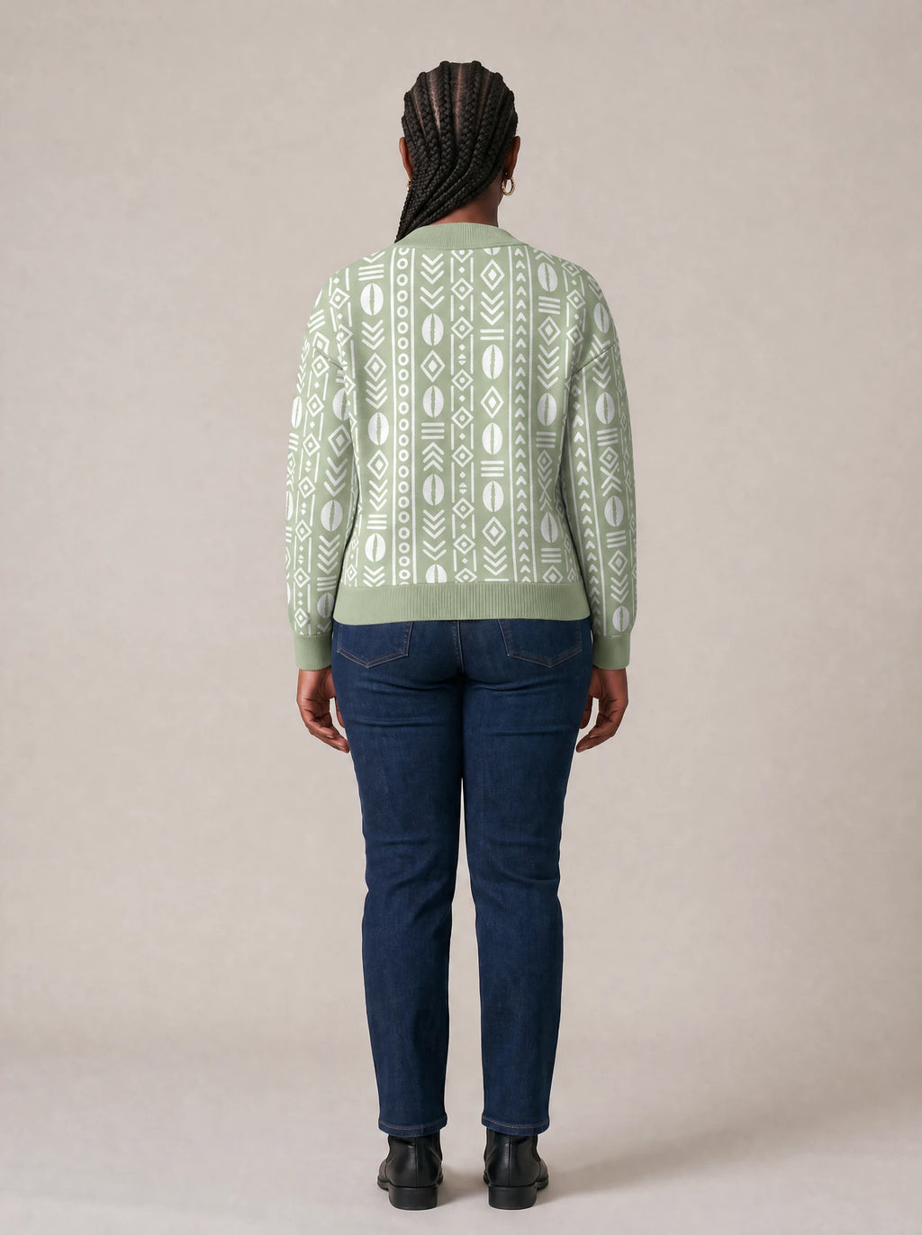"Oshun Verde" Cardigan — back view on model