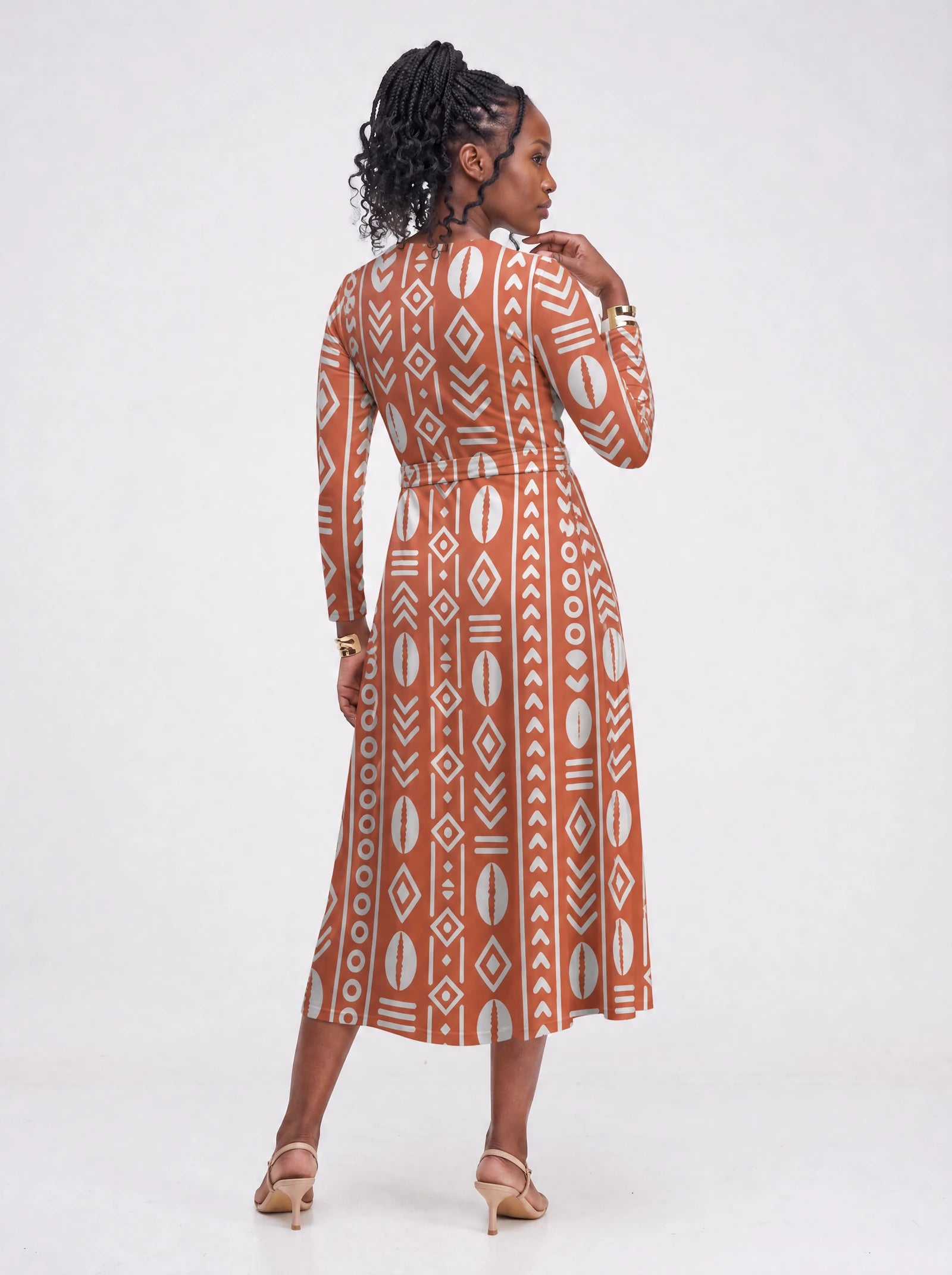 "Oshun Kijani" Viscose Midi Dress — back view on model