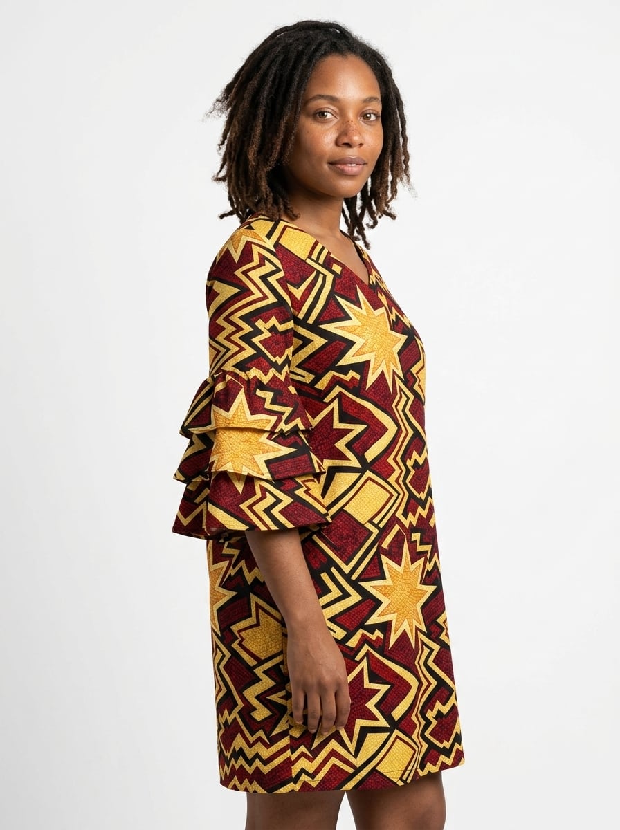 Burgundy Sheba Stacked Ruffle Sleeve Dress