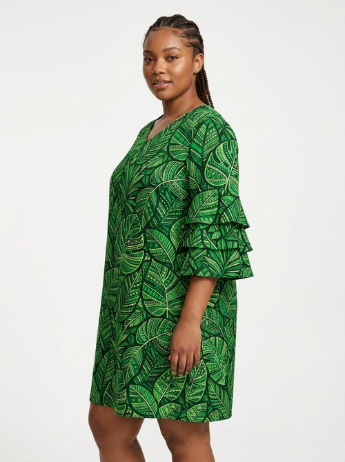 "Asili" Emerald Stacked Ruffle Sleeve Dress