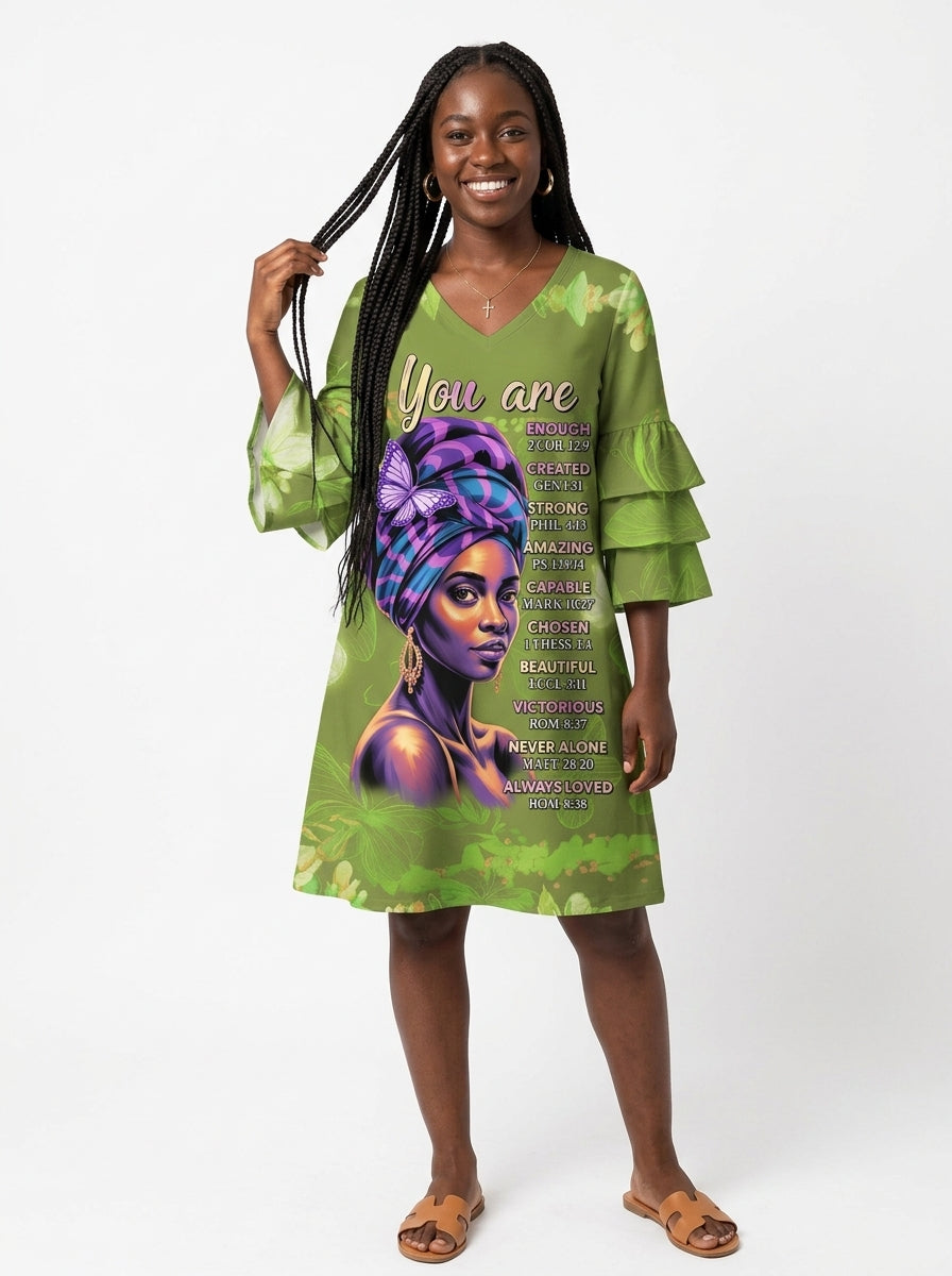 Green Orchid Stacked Ruffle Sleeve Dress
