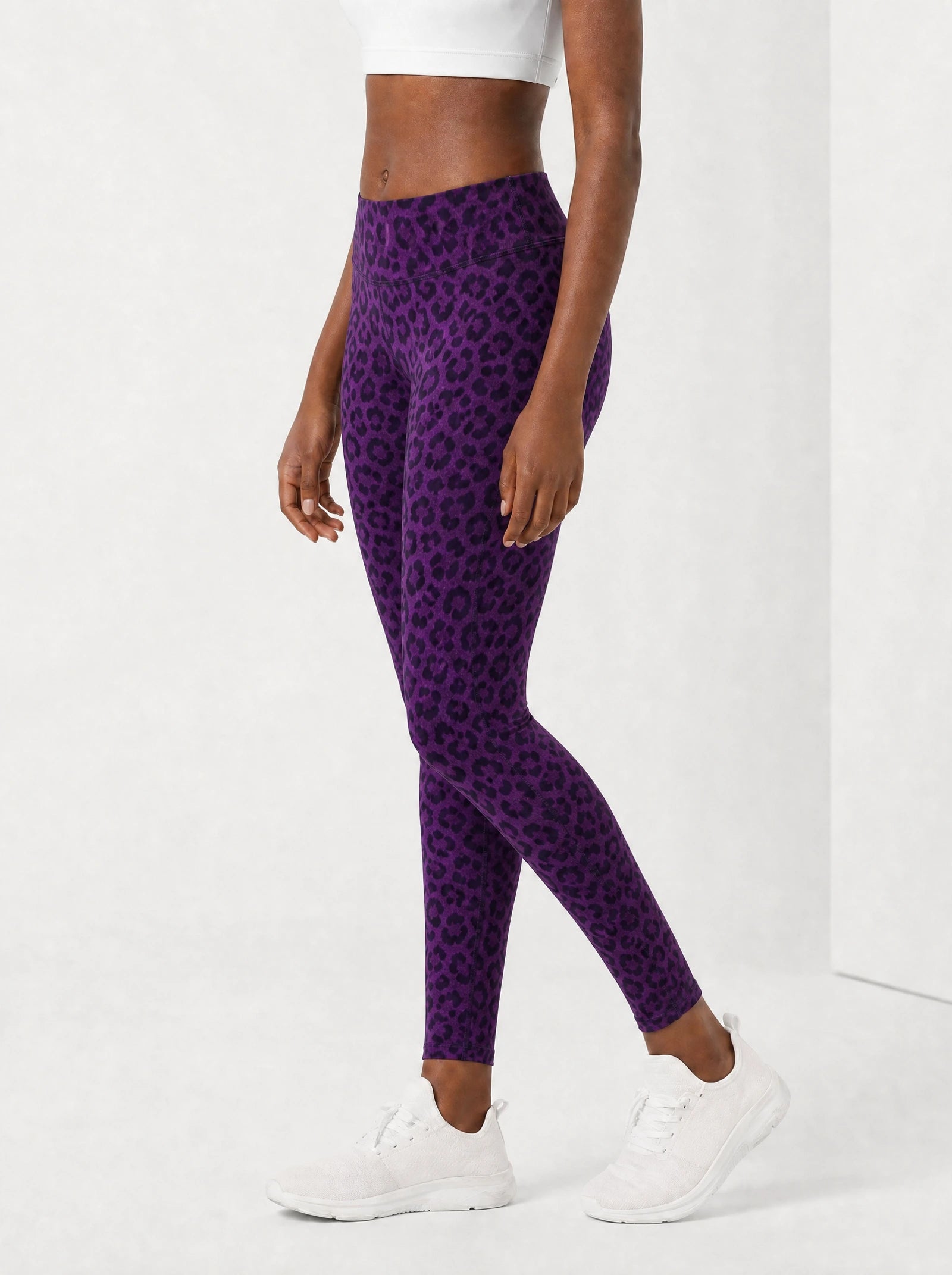 Purple Leopard Leggings — side view on model