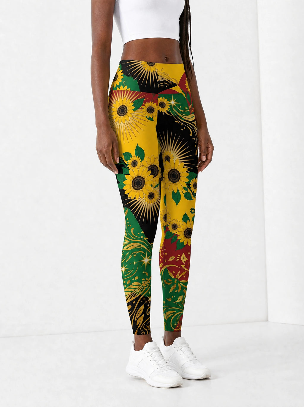 "August Queen Sunflower" Leggings — side view on model