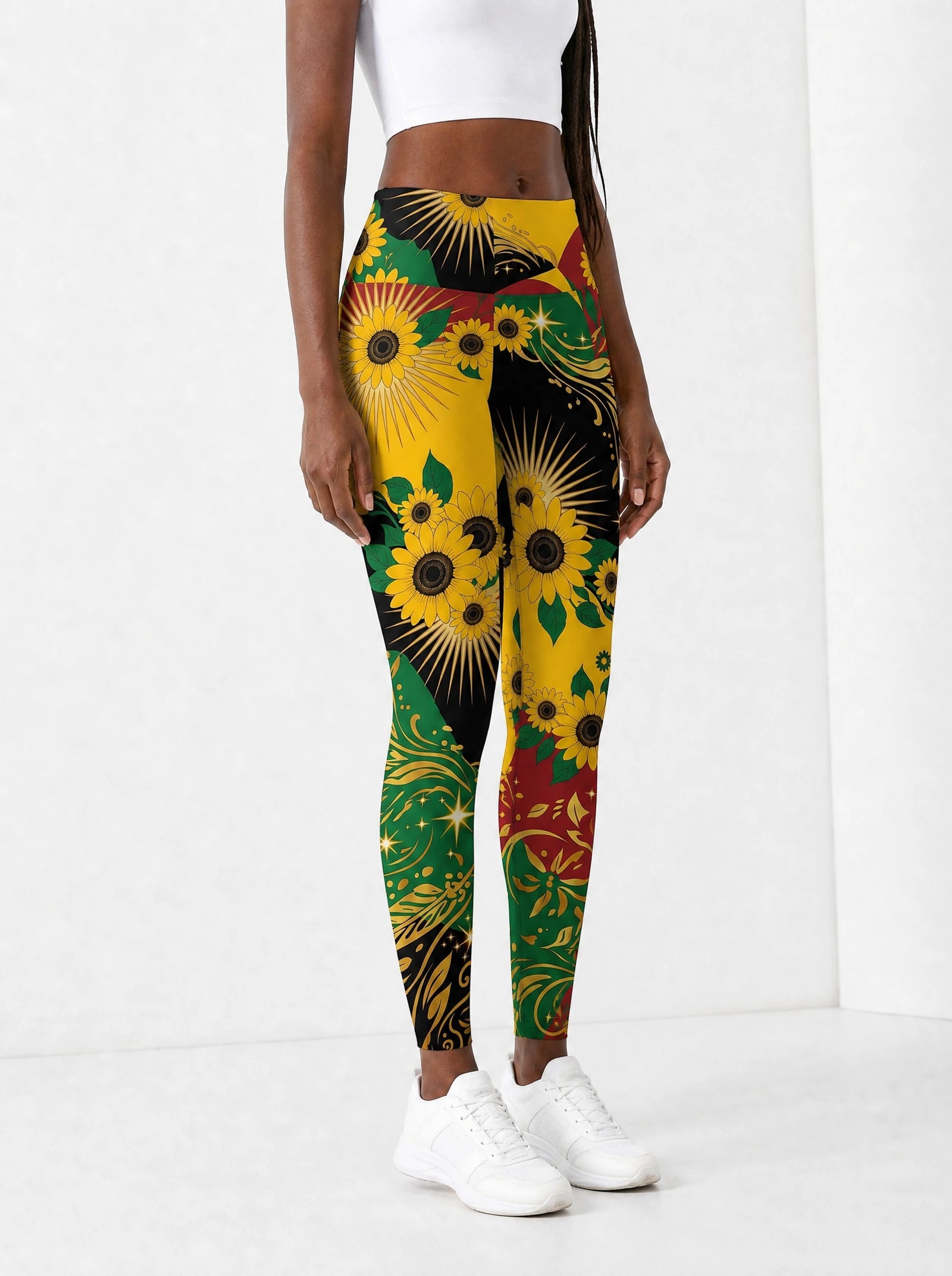 "August Queen Sunflower" Leggings — side view on model