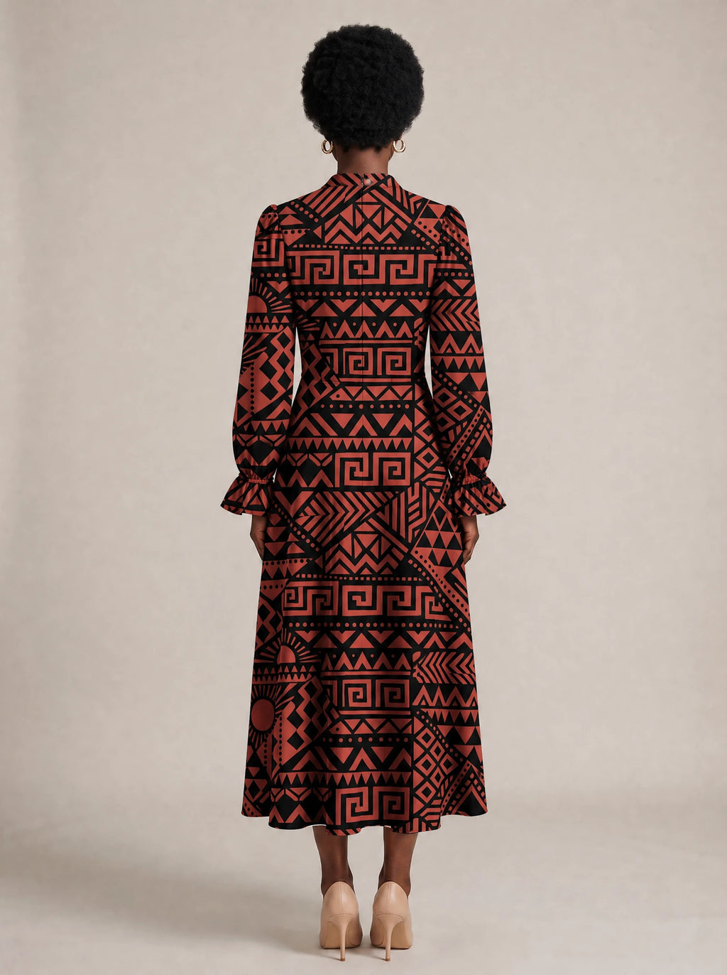 "Shaka" Burgundy Long Puff Sleeve Dress — back view on model