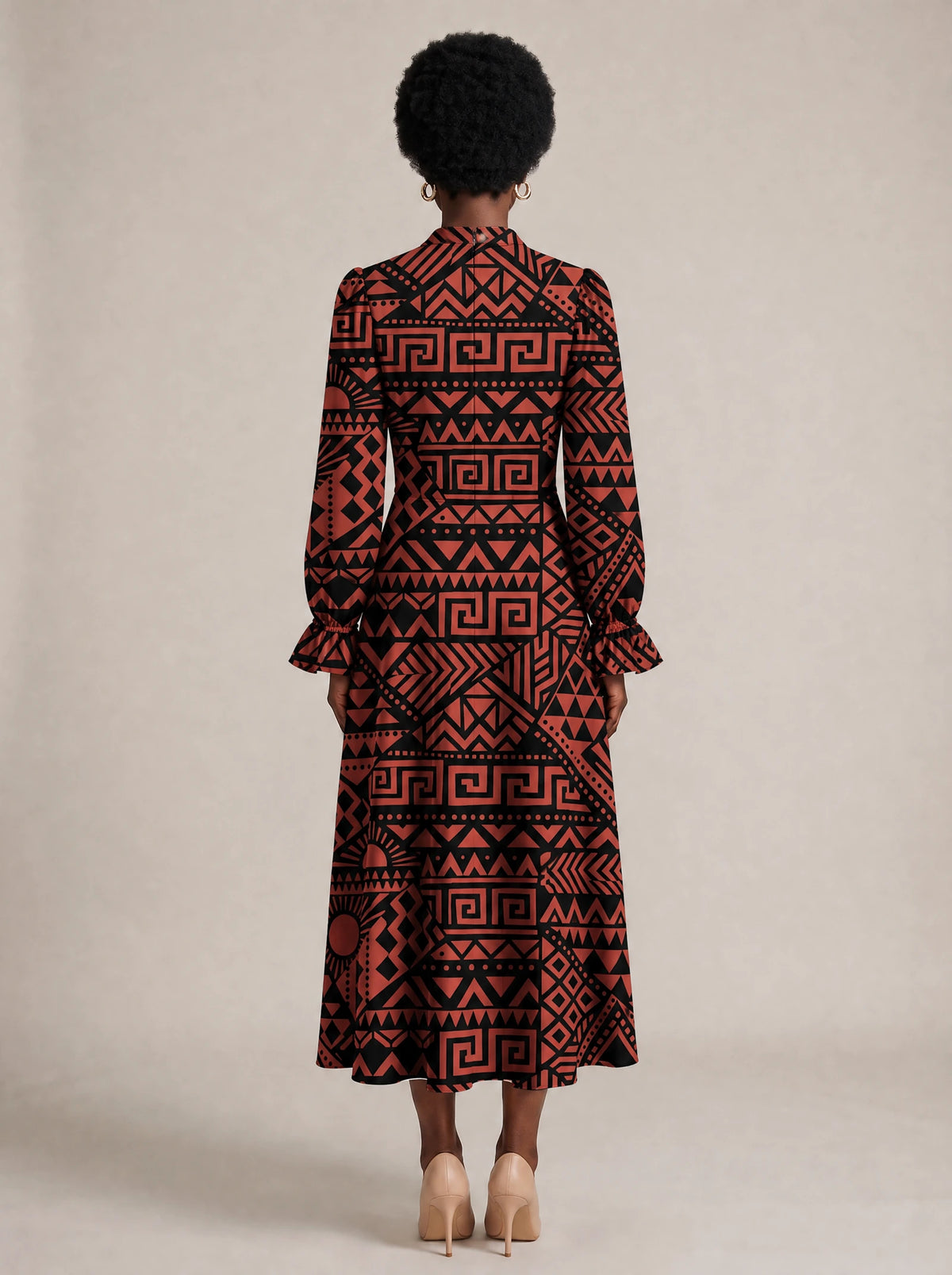 "Shaka" Burgundy Long Puff Sleeve Dress — back view on model