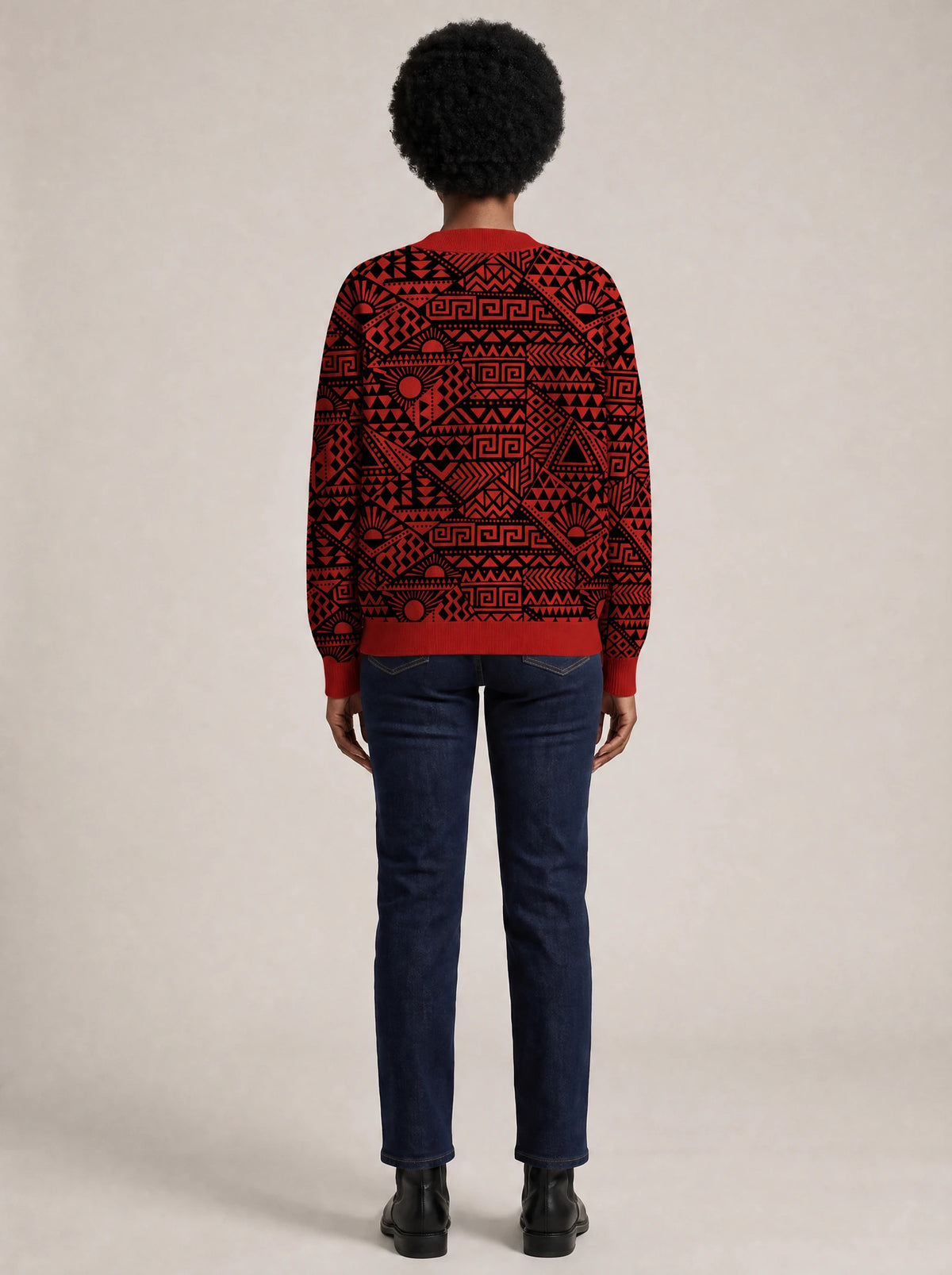 "Shaka" Burgundy Cardigan — back view on model