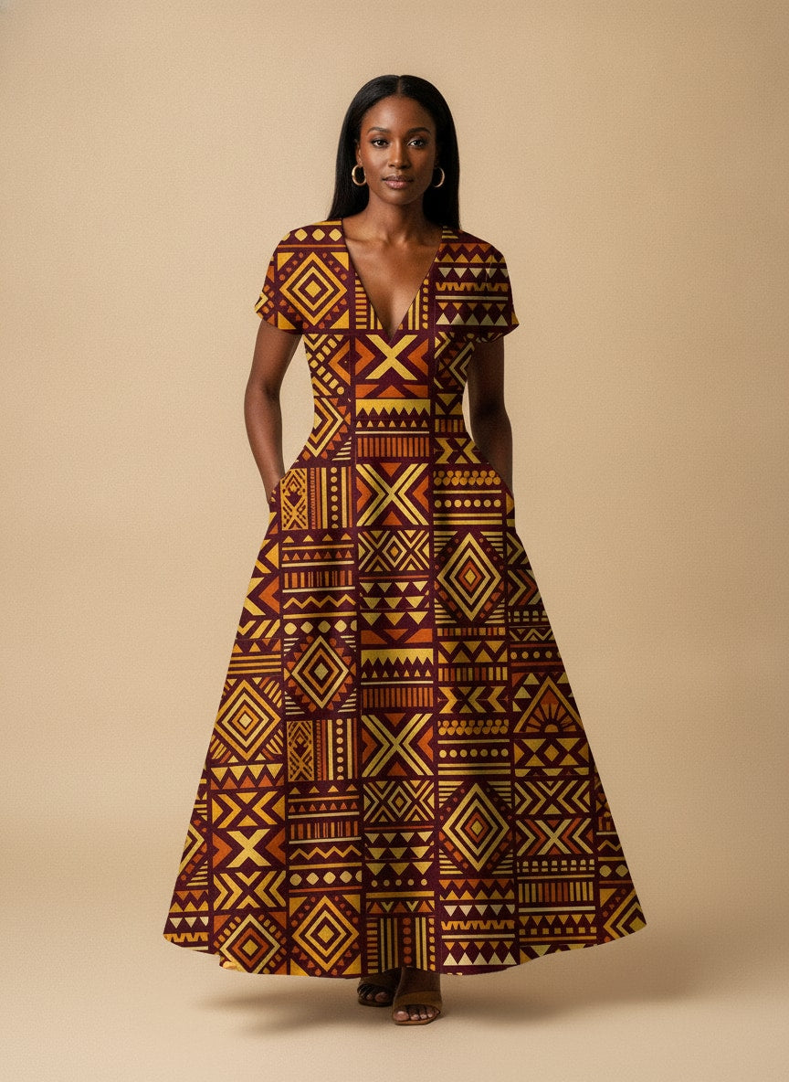 Mudcloth Short Sleeve Maxi Dress