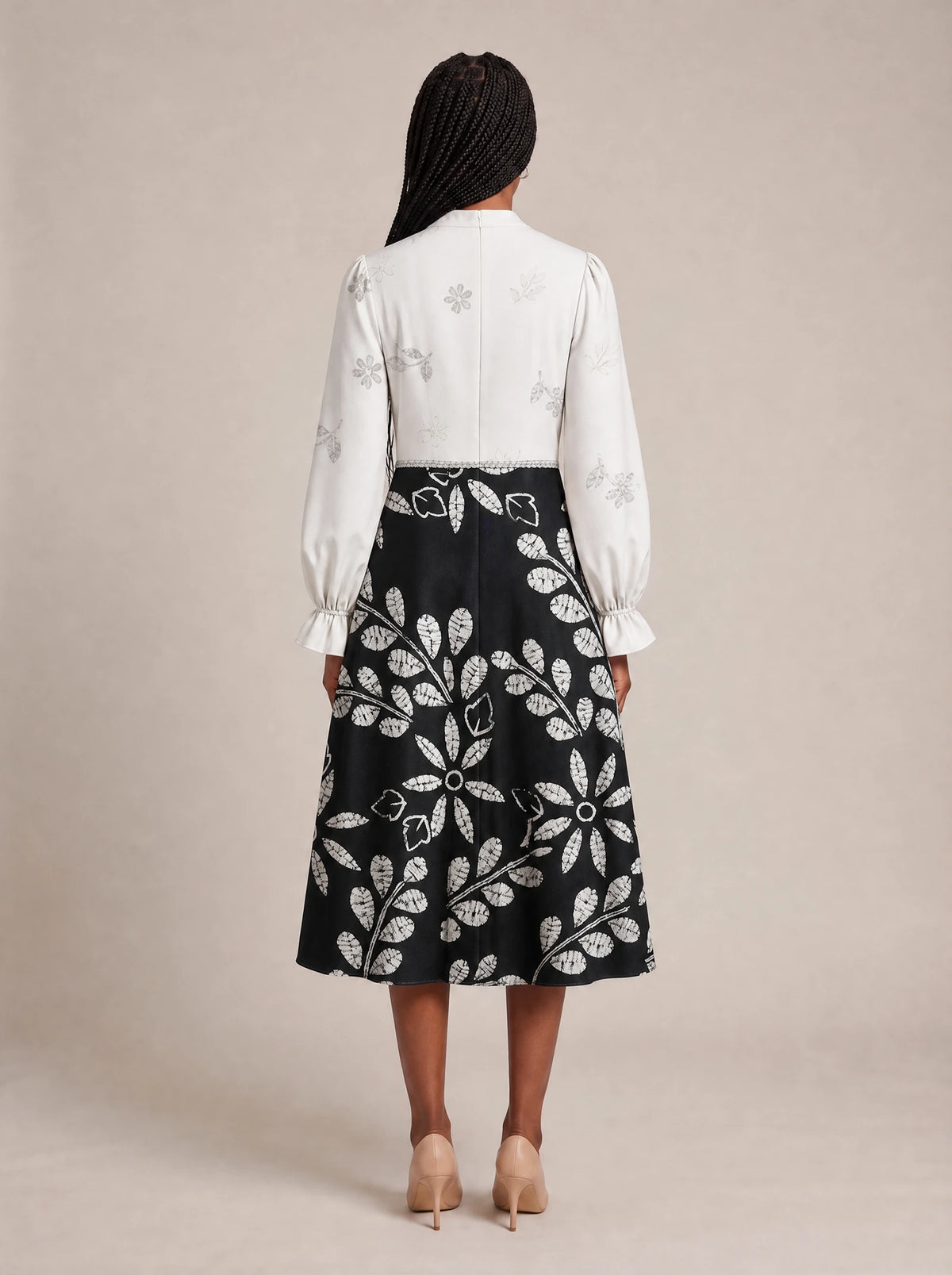 "Kivuli" Long Puff Sleeve Dress — back view on model