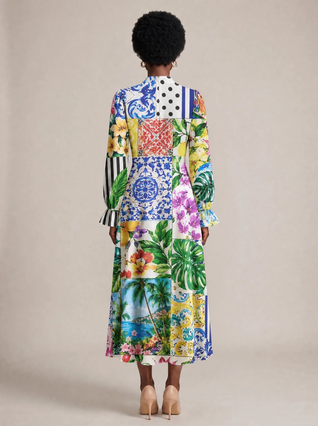 "Kisiwa" Long Puff Sleeve Dress — back view on model