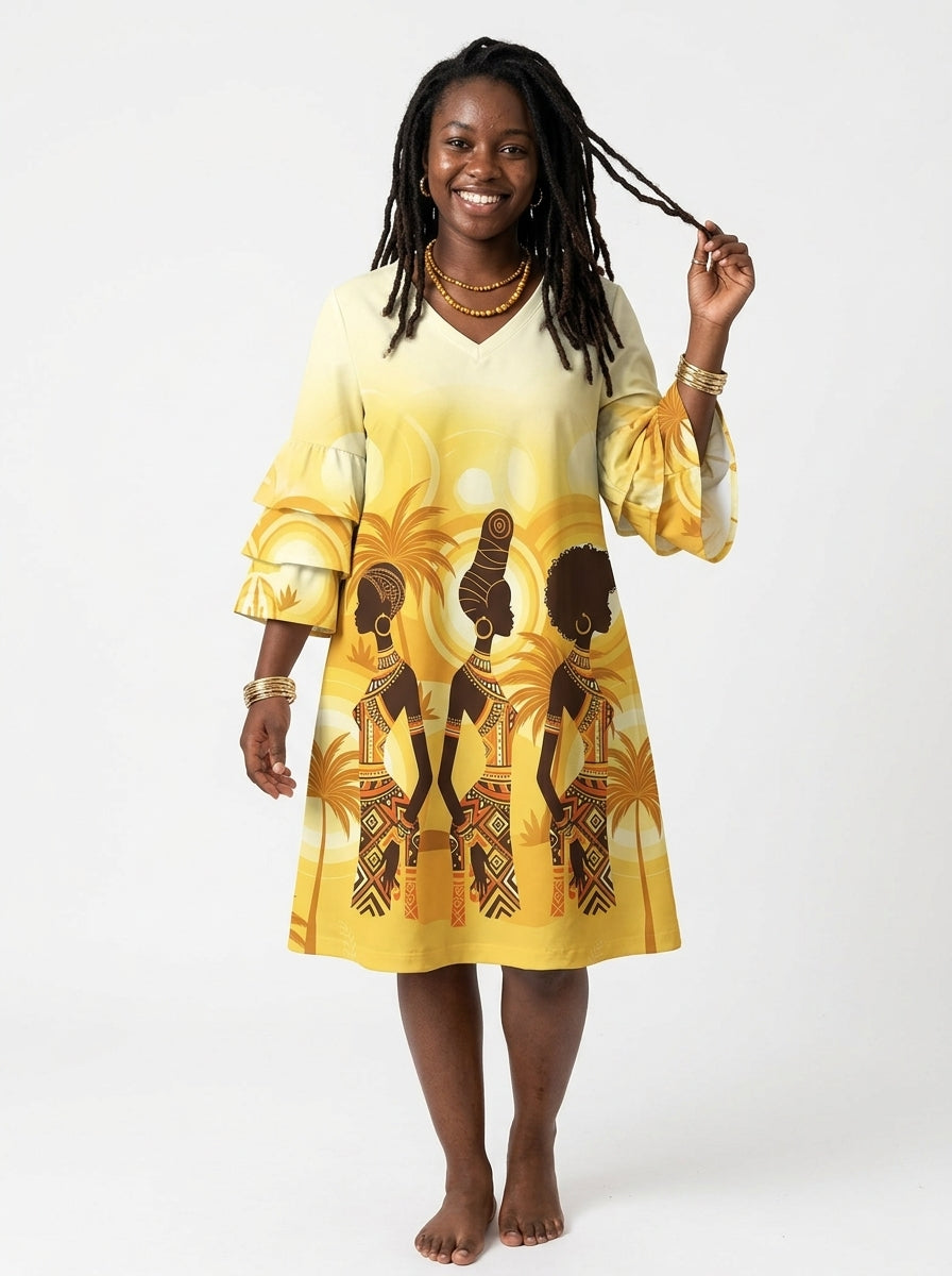 Ancestral Flame Stacked Ruffle Sleeve Dress