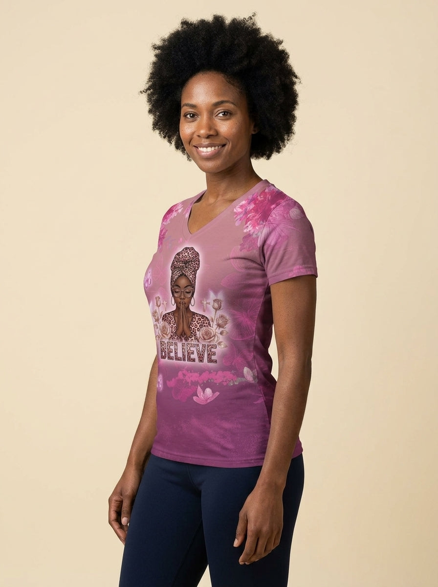 "Imani" Wild Rose V-Neck T-Shirt