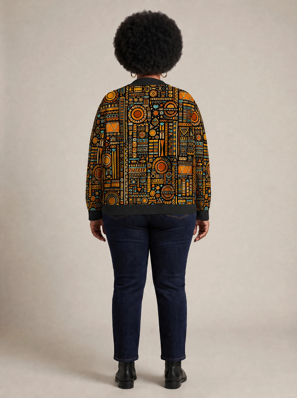"Afrocentric Pattern" Cardigan — back view on model