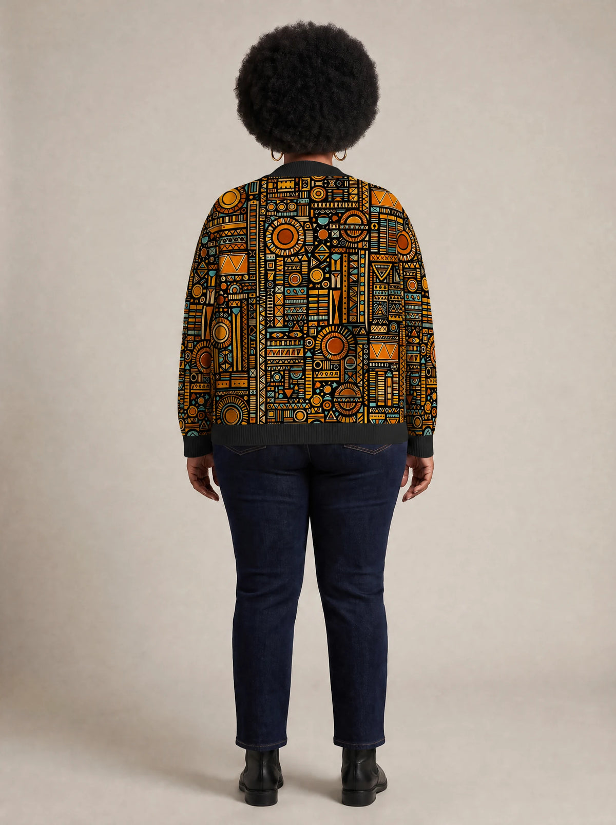 "Afrocentric Pattern" Cardigan — back view on model