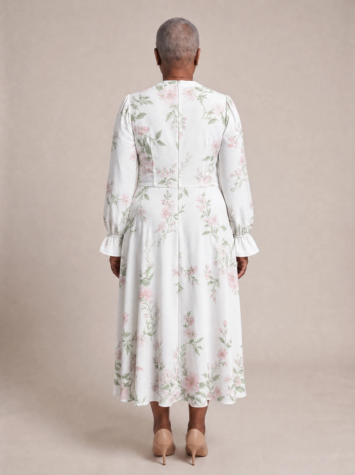 "Chanua" Long Puff Sleeve Dress — back view on model