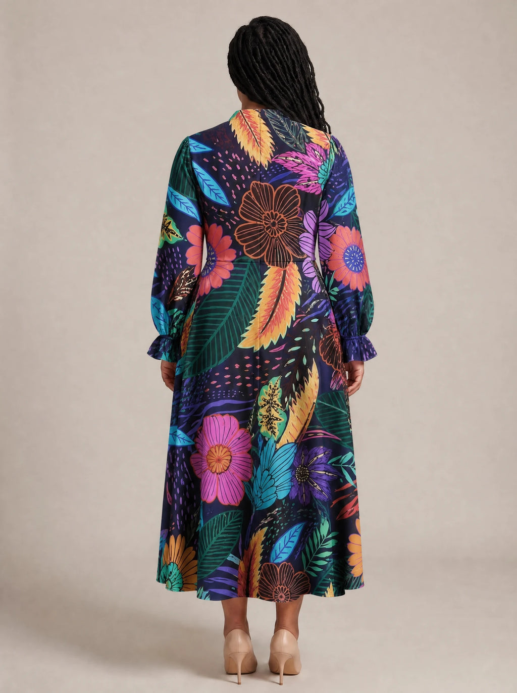 "Bustani" Long Puff Sleeve Dress — back view on model