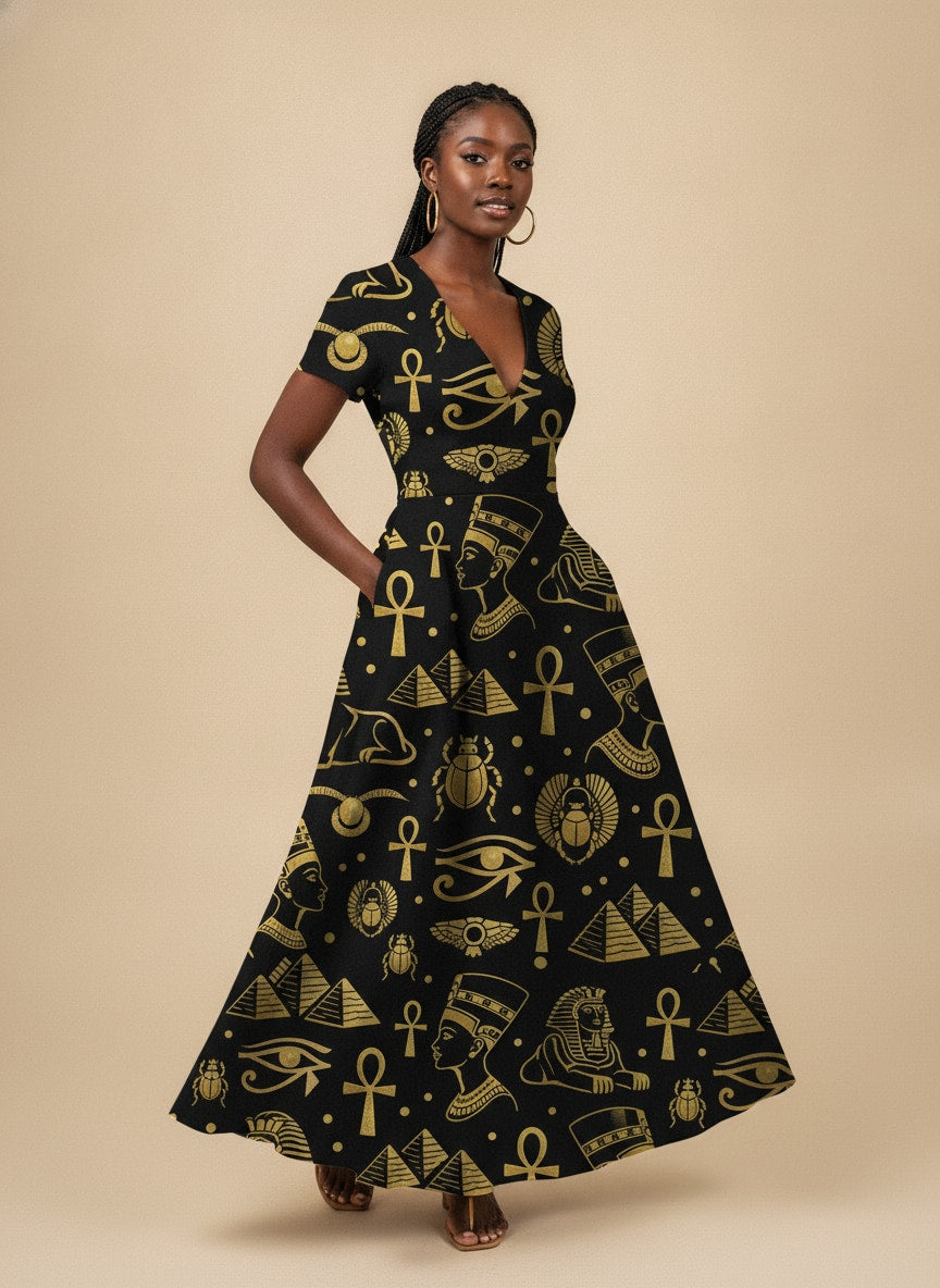 "Nefertiti" Black Gold Short Sleeve Maxi Dress