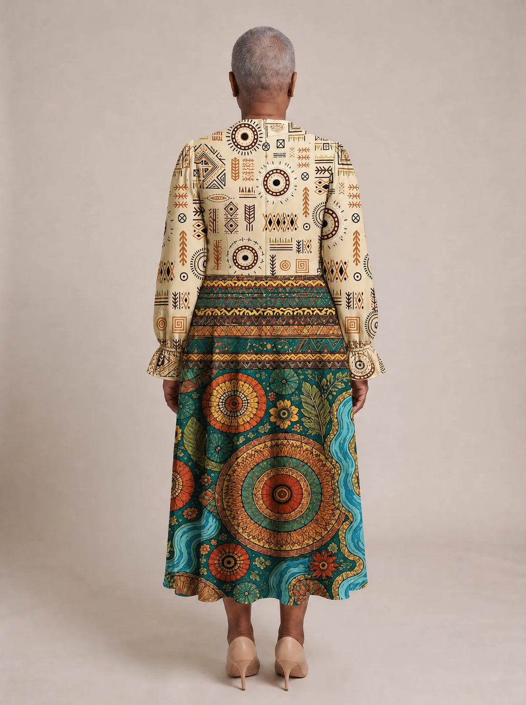 "Mto" Long Puff Sleeve Dress — back view on model