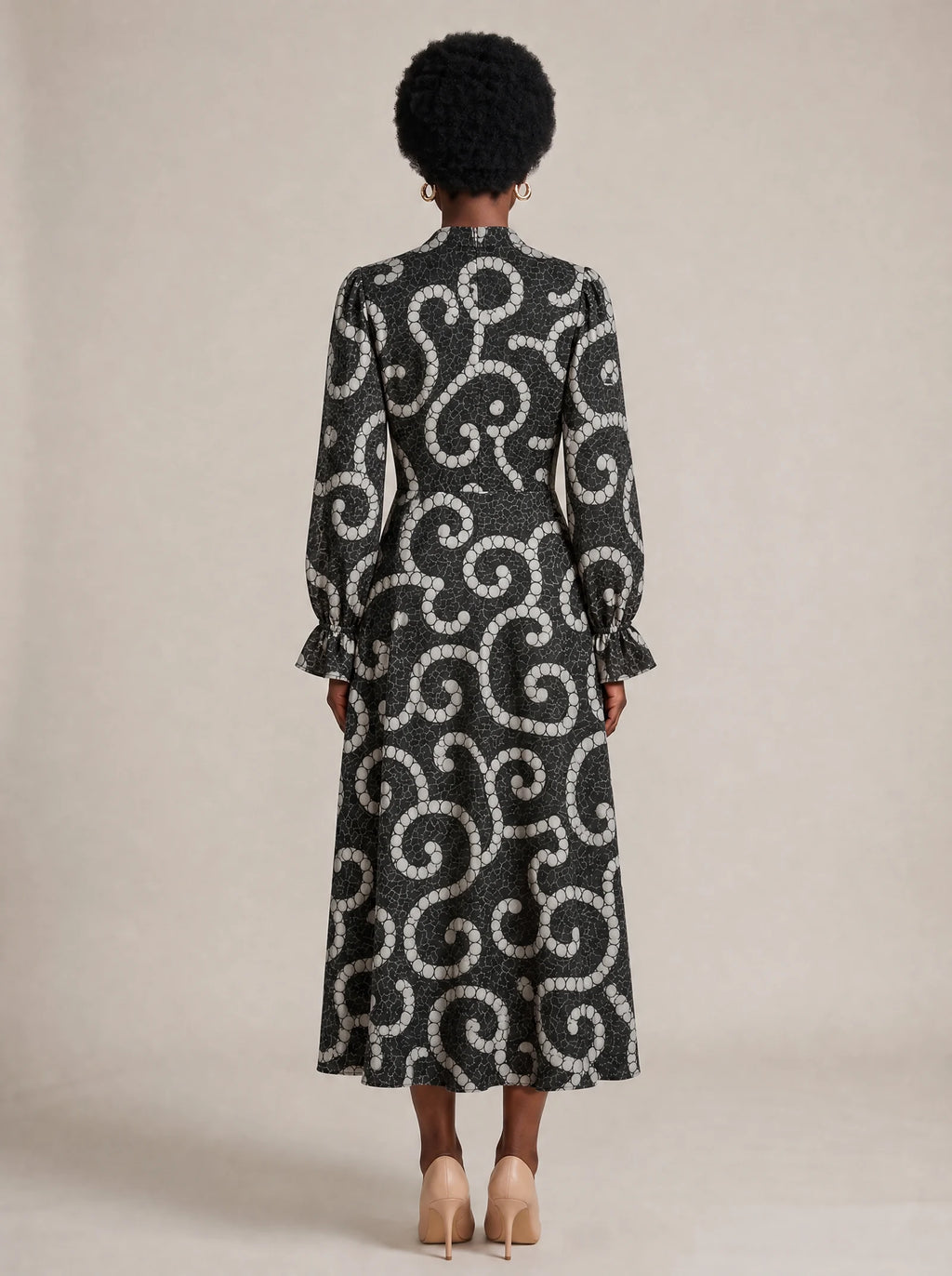 "Duara" Long Puff Sleeve Dress — back view on model