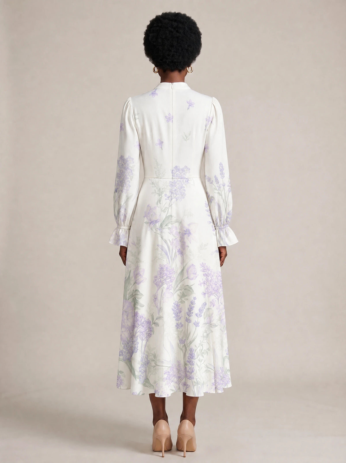 "Urujuani" Long Puff Sleeve Dress — back view on model