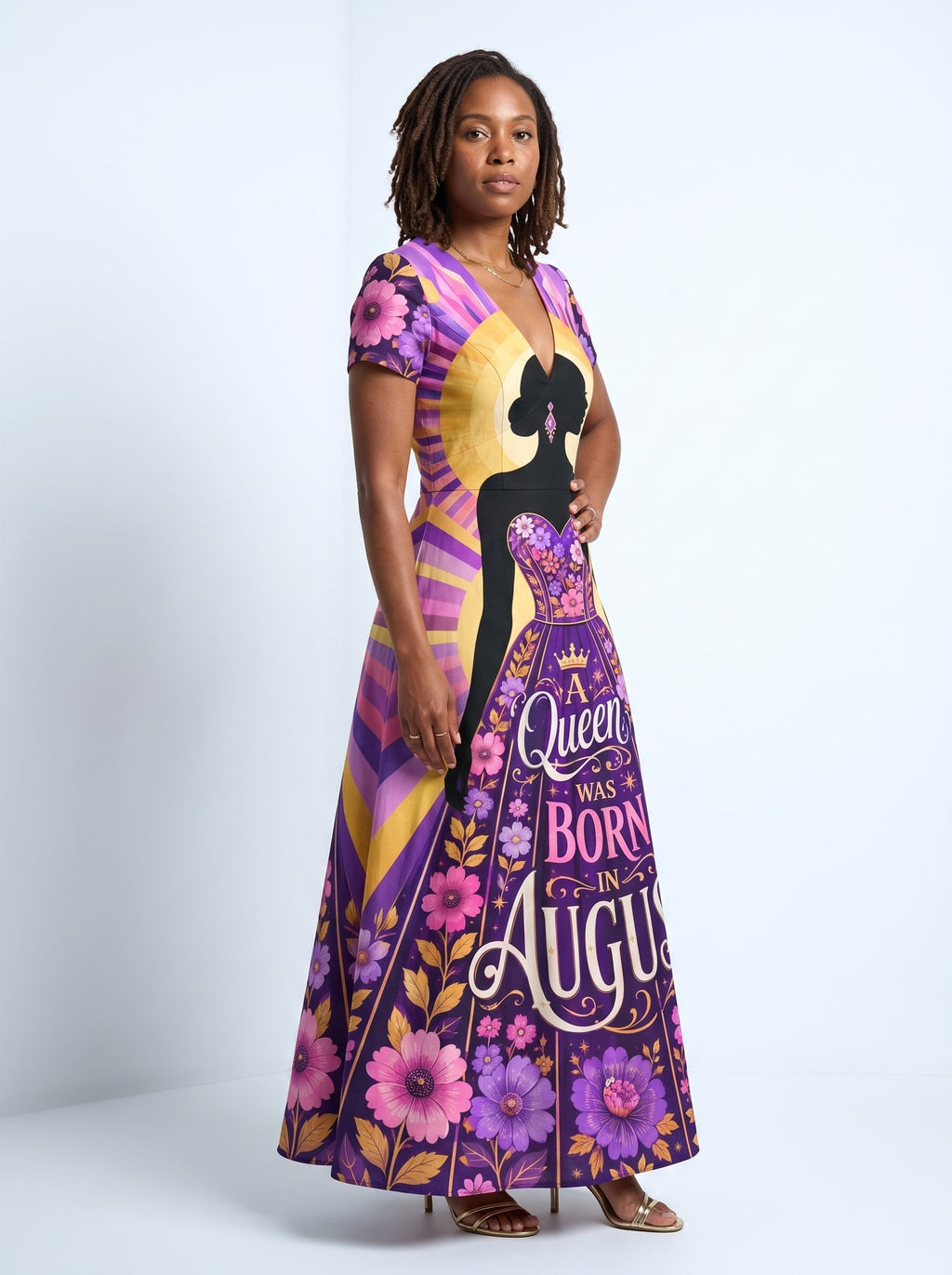 "August Queen Purple Bloom" Short Sleeve Maxi Dress