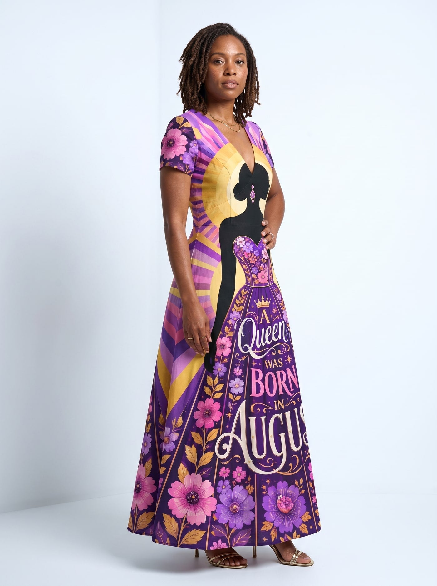 "August Queen Purple Bloom" Short Sleeve Maxi Dress