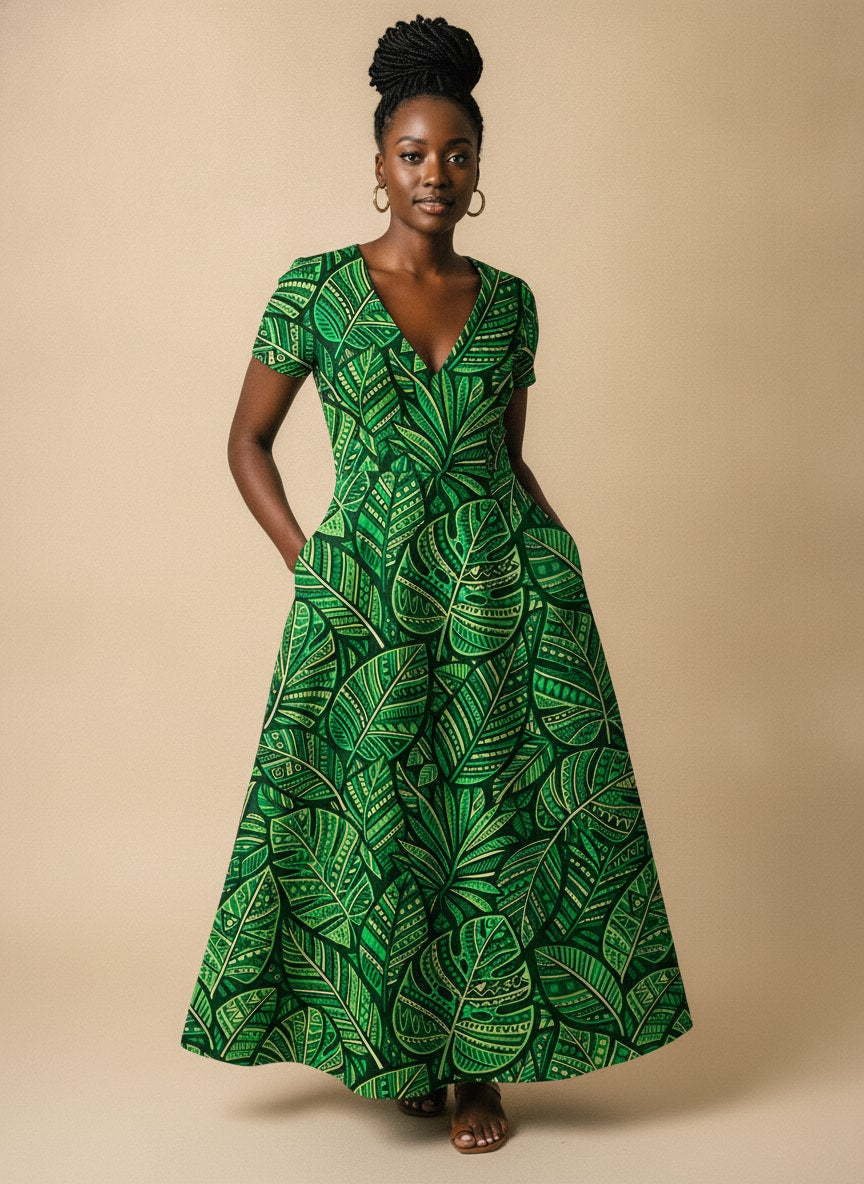 "Asili" Emerald Short Sleeve Maxi Dress